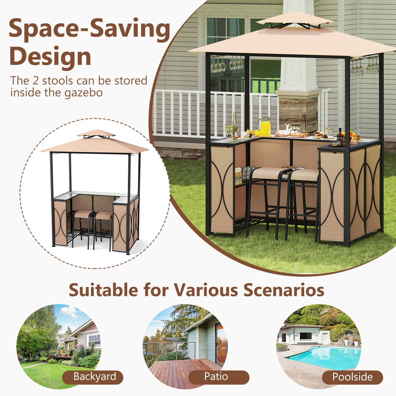 3-Piece Patio Bar Set with Grill Gazebo