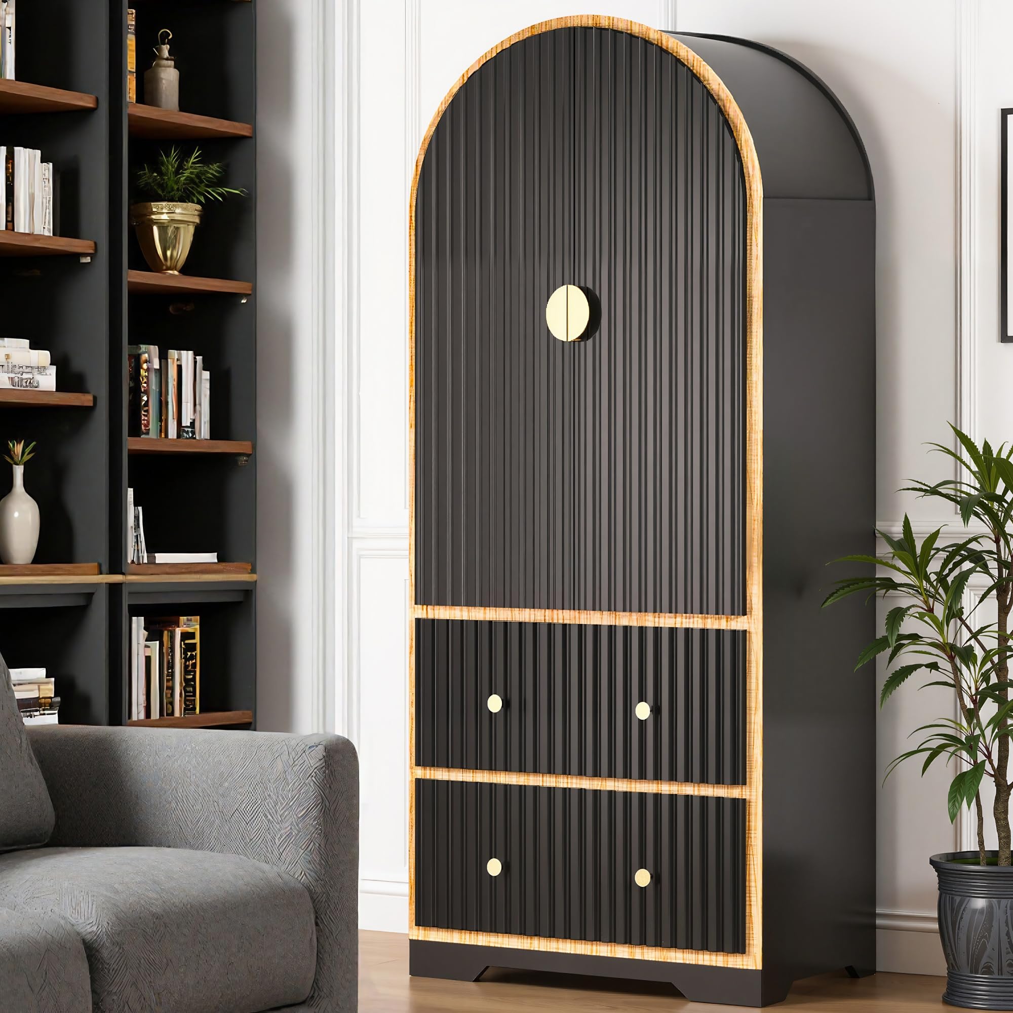 78" Tall Black Arched Cabinet with Fluted Doors