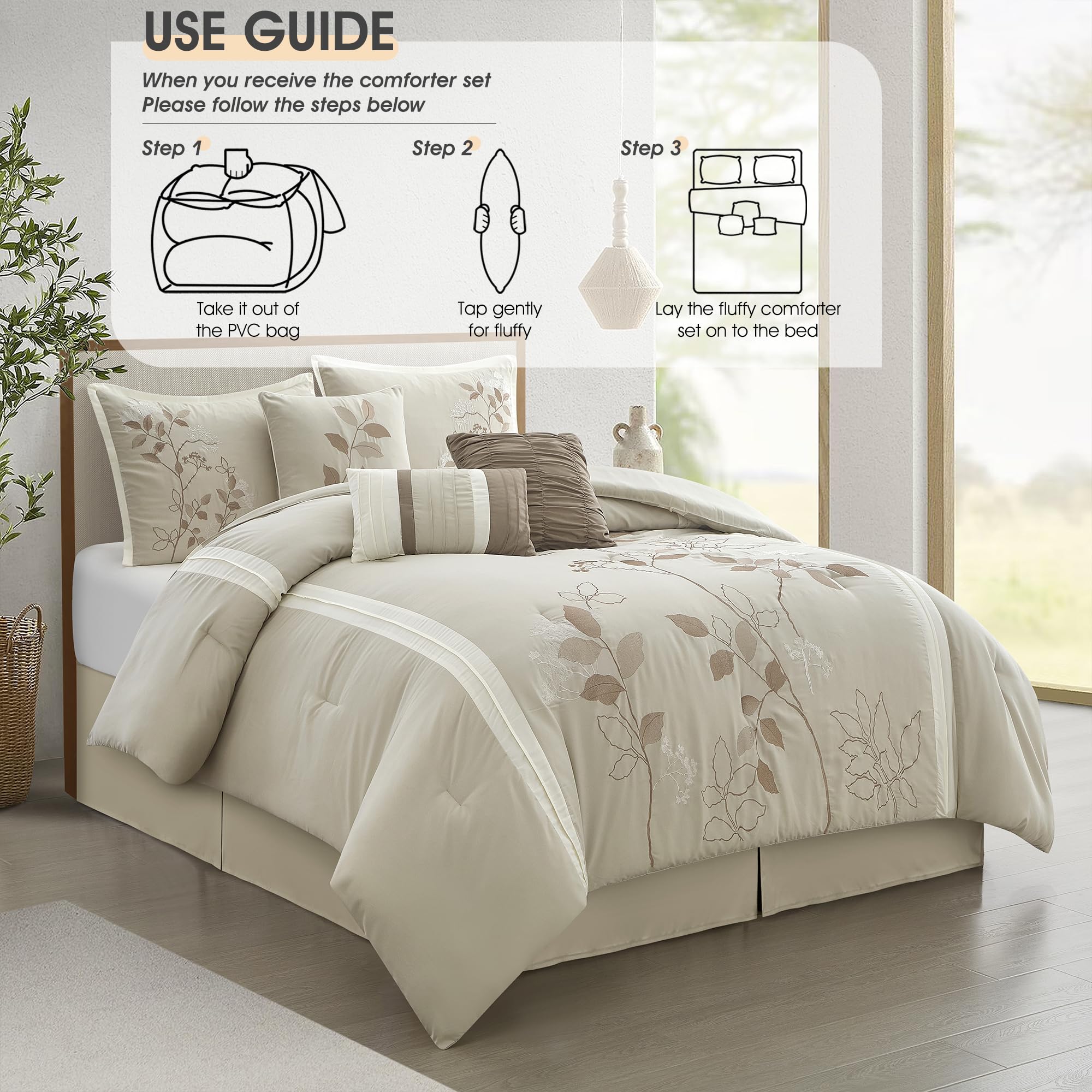 7-Piece Queen Comforter Set with Floral Embroidery