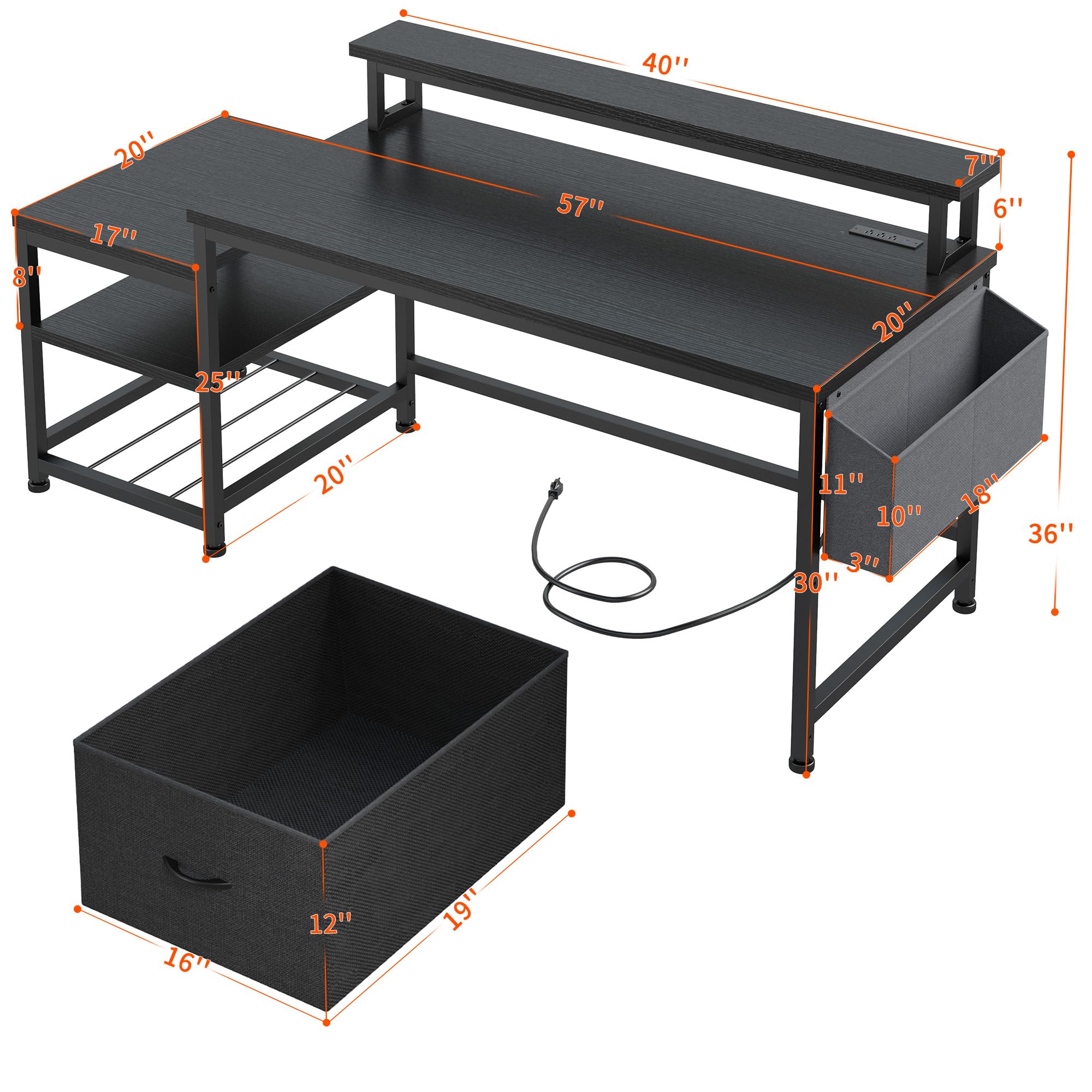 57" Computer Desk with Drawers and Power Outlets