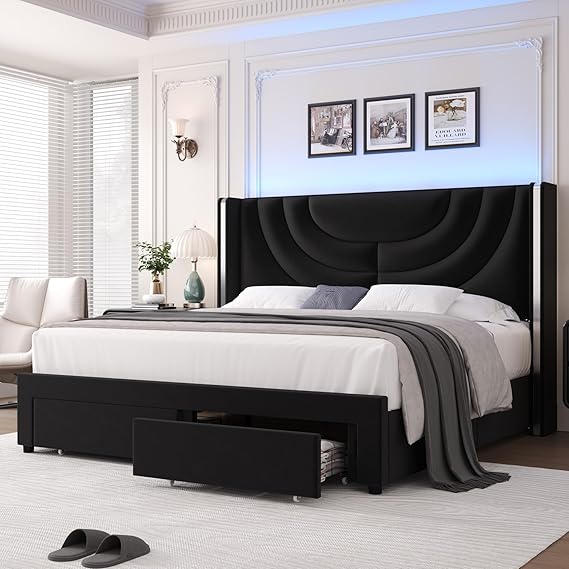 King Upholstered LED Bed Frame with Storage Drawers
