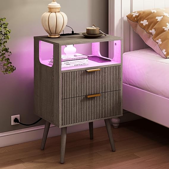White Nightstand with Charging Station and LED Lights