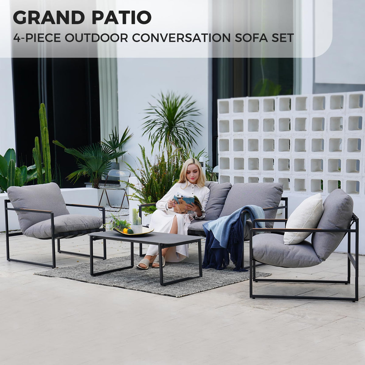 4-Piece Modern Outdoor Furniture Set with Cushions and Coffee Table