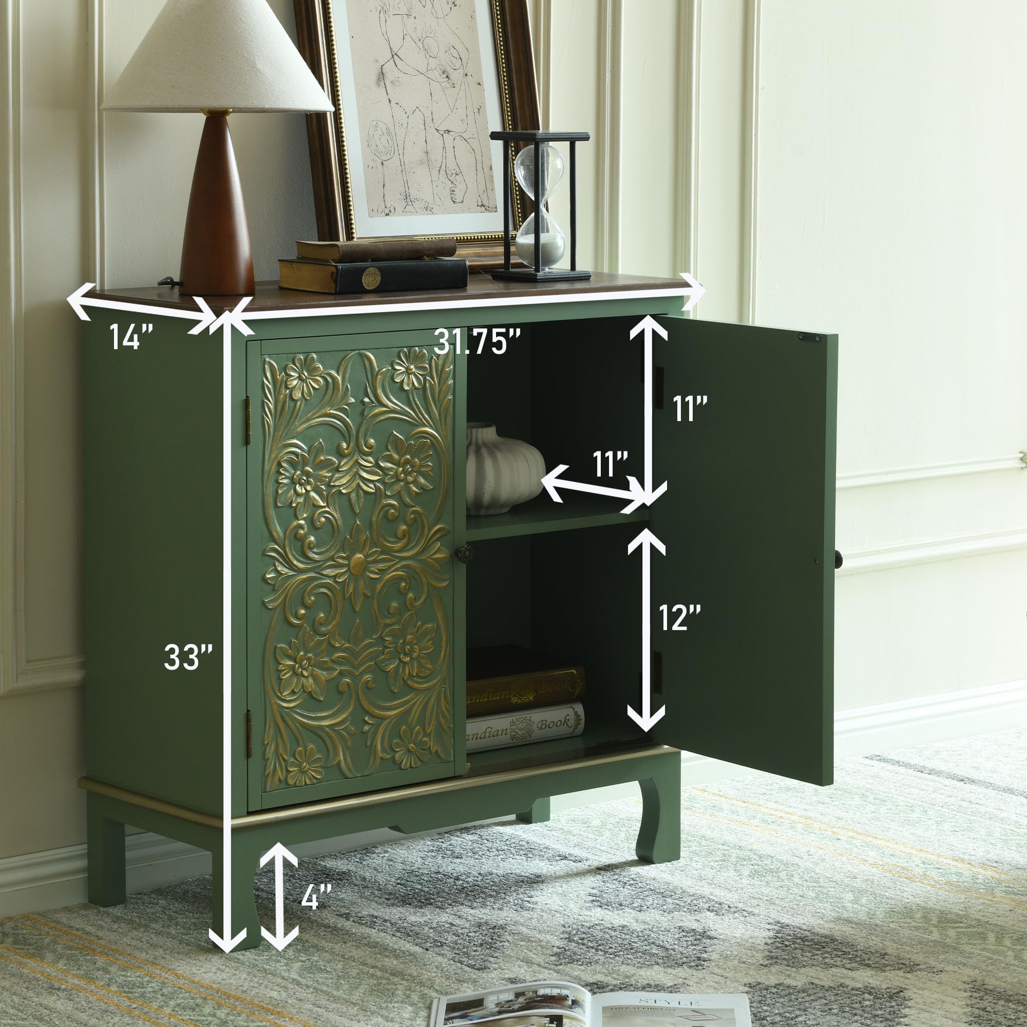 Vintage Green Storage Cabinet with Gold Accents