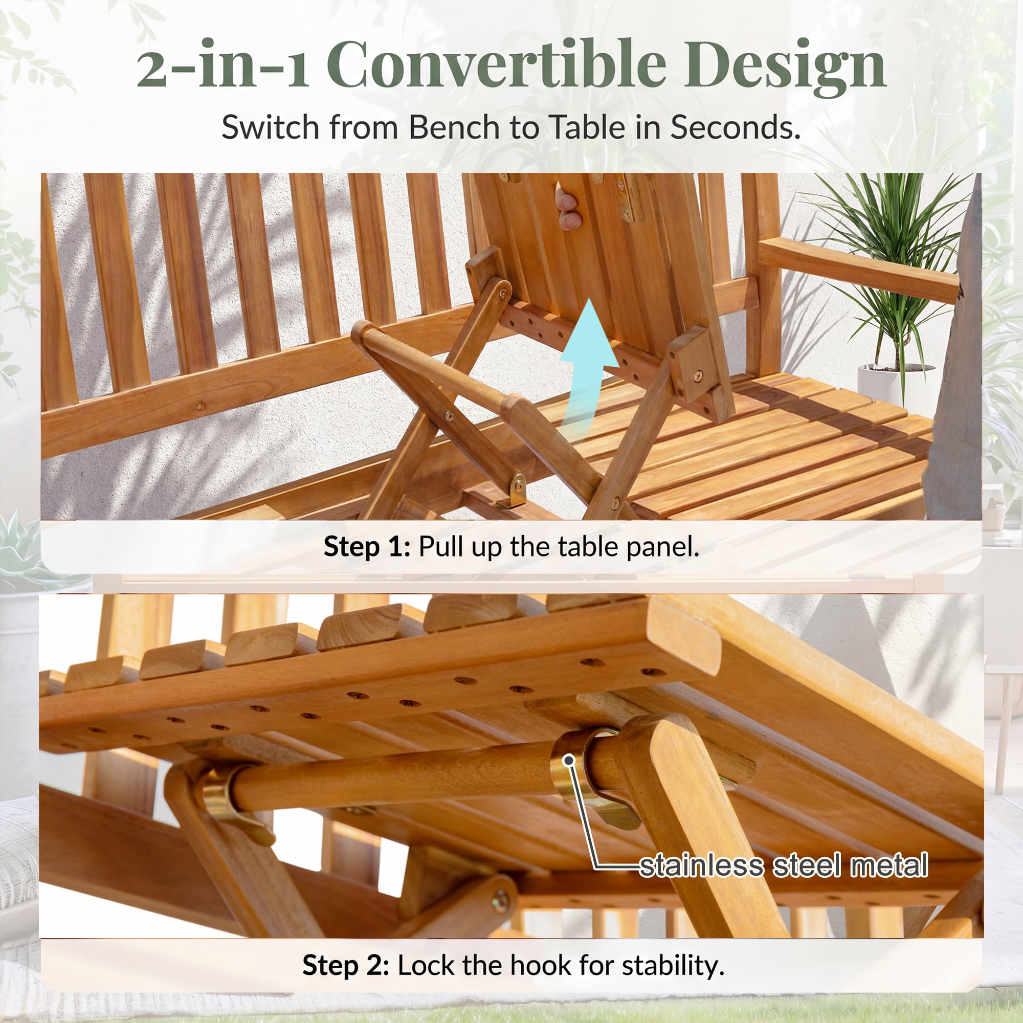 Outdoor Bench with Pull-Out Center Table