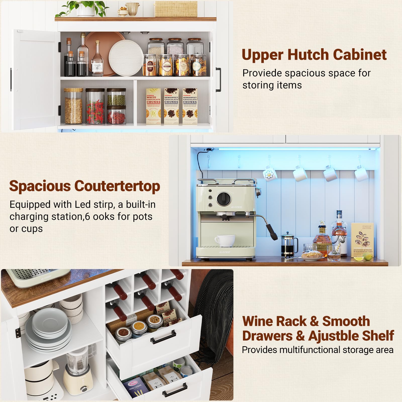 72" Tall Pantry Cabinet with LED Light & Outlet