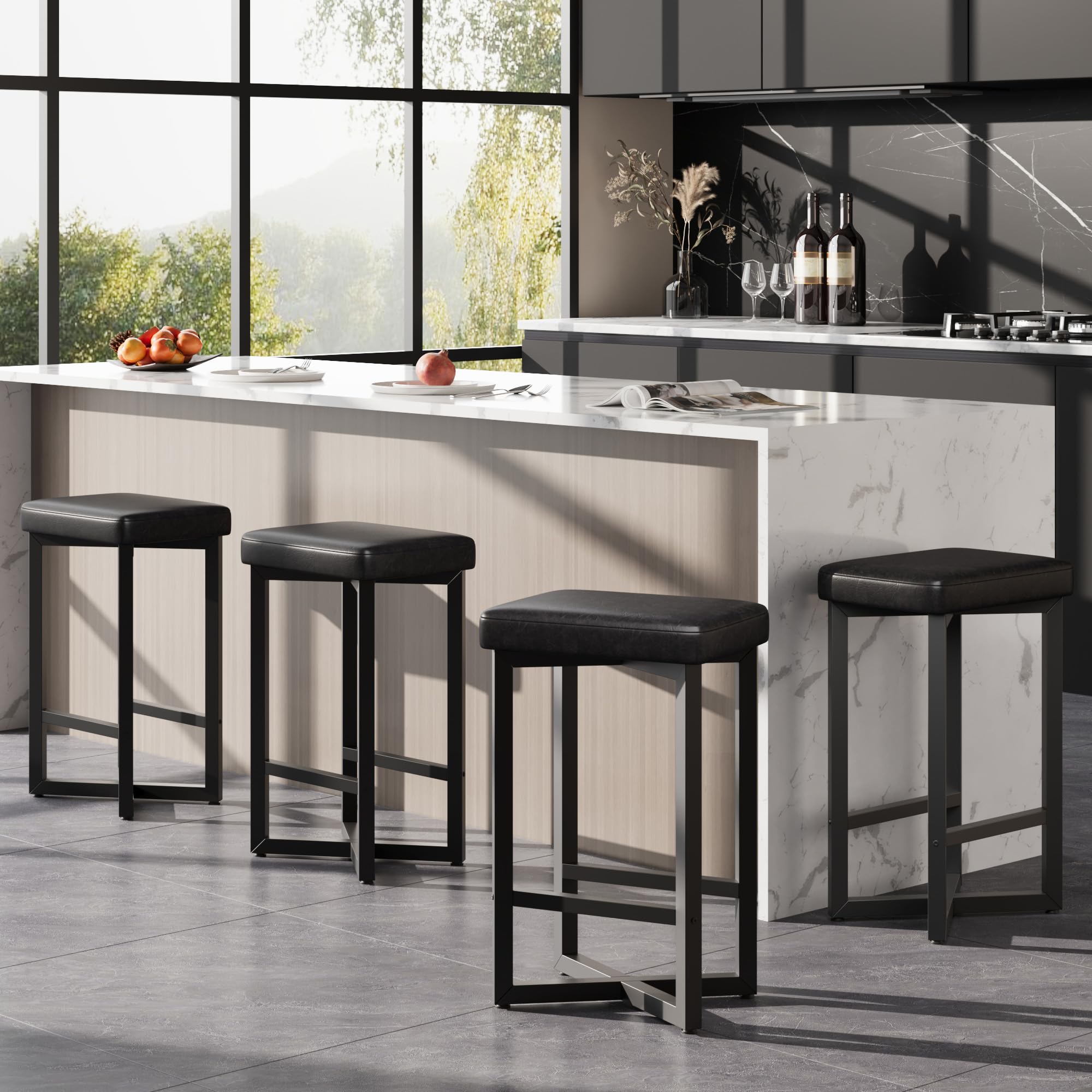 Counter Height Bar Stools Set of 4 with PU Leather Seats
