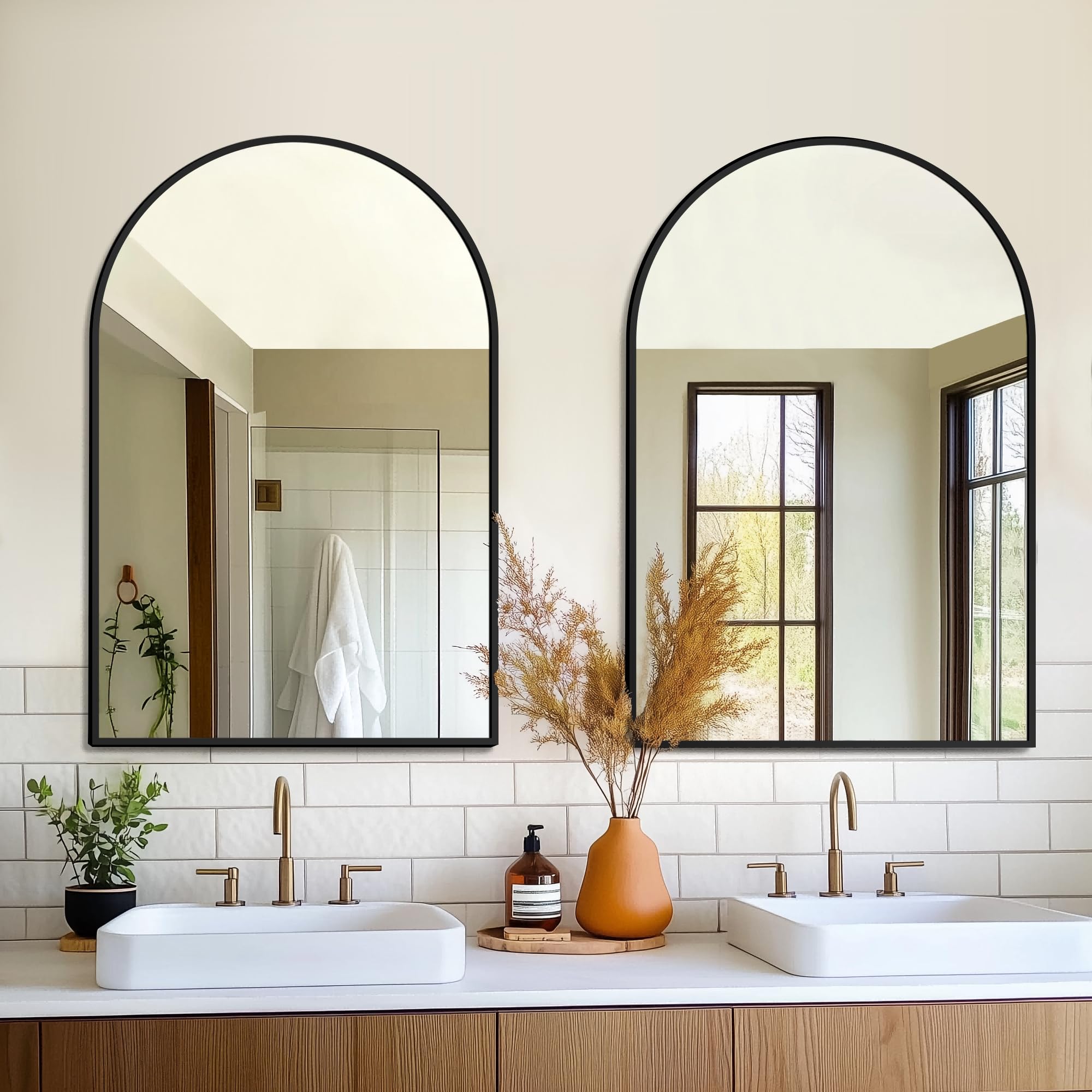 Arched Wall Mirror 24x36 Inch Black Metal Frame