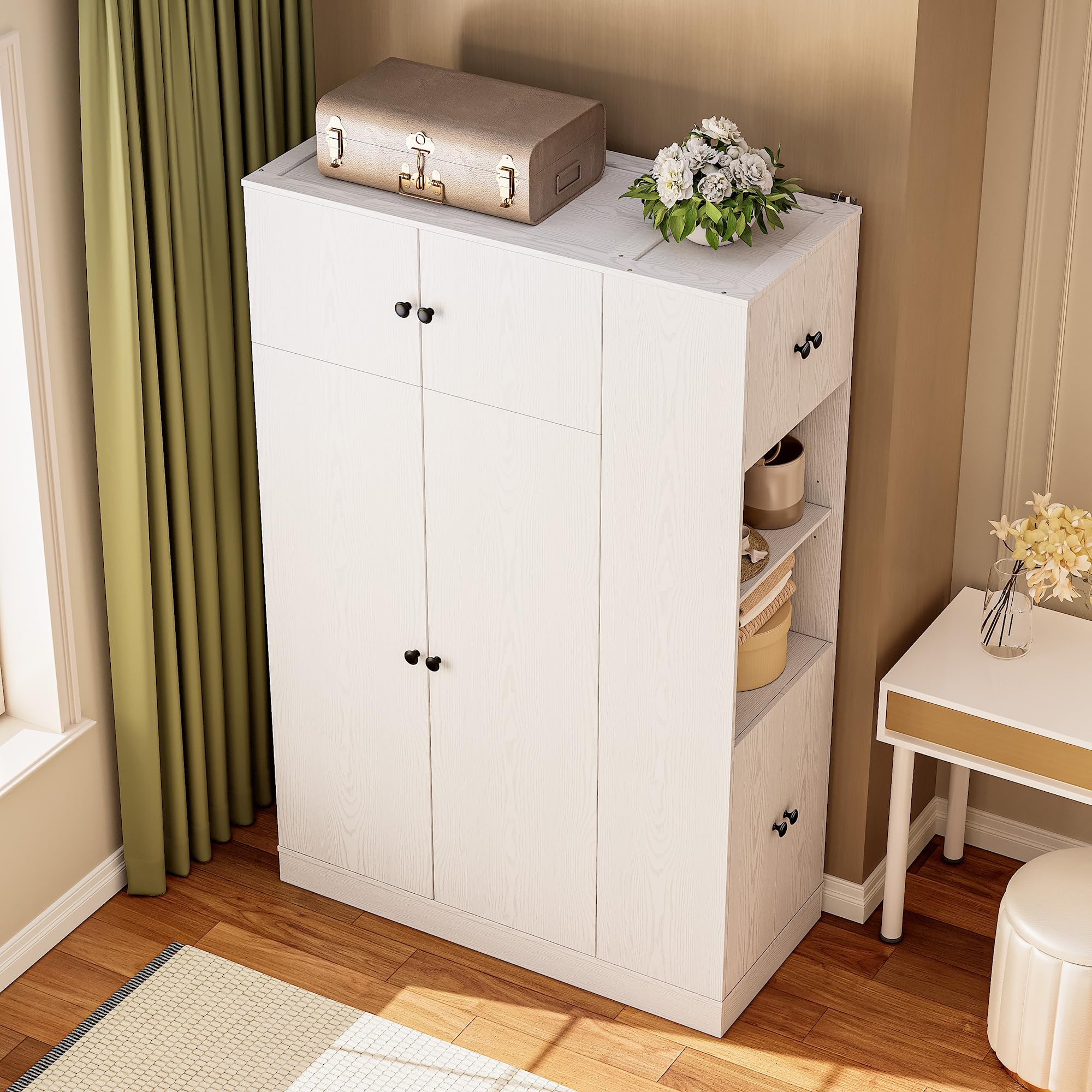 Modern White Armoire Wardrobe Closet with Adjustable Shelves and Side Storage Tower