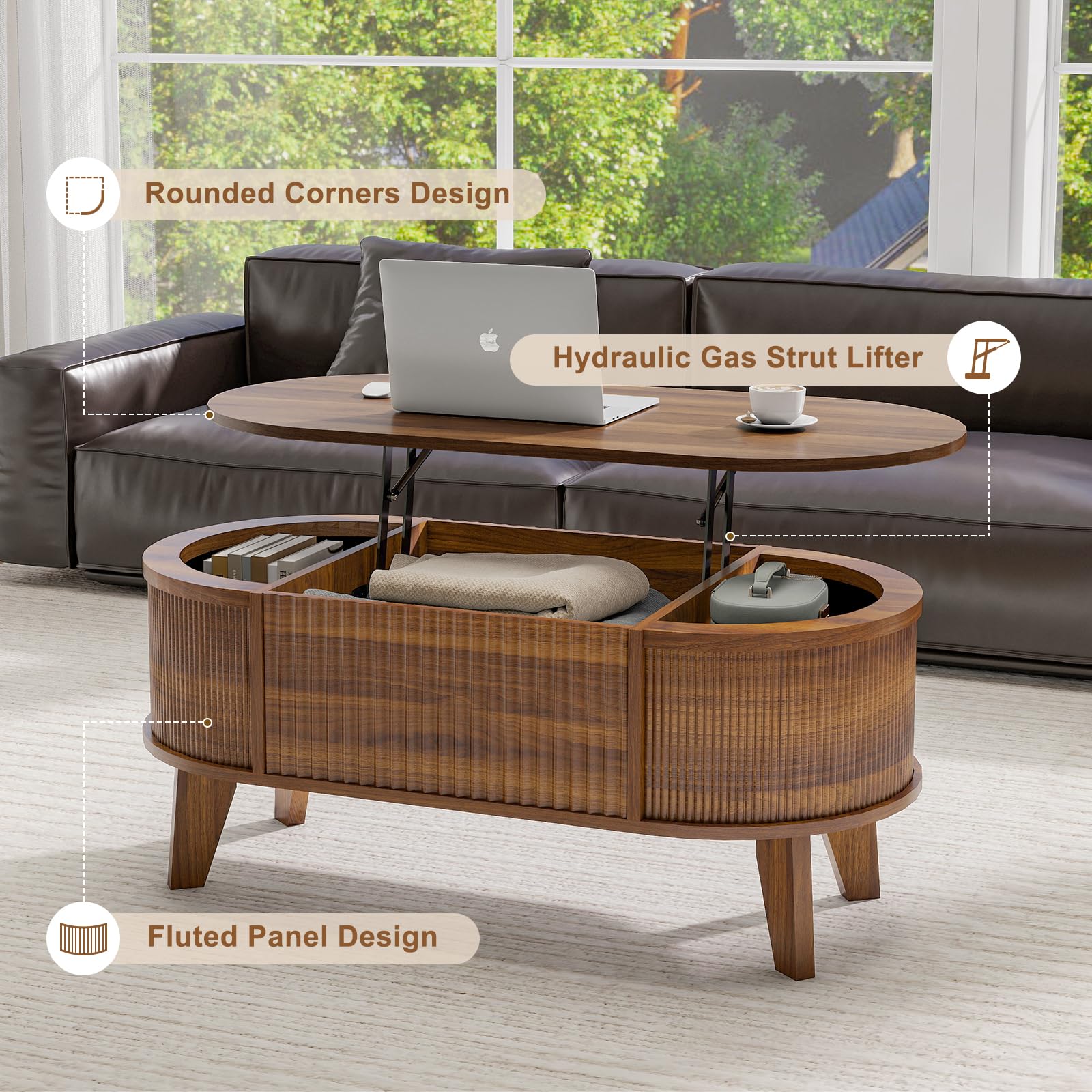 Fluted Lift Top Coffee Table with Storage
