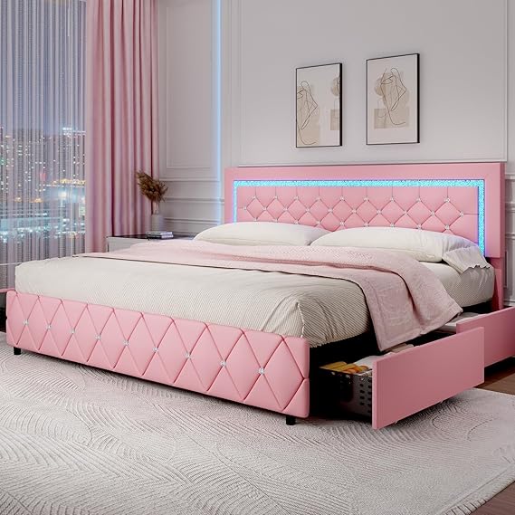Queen LED Bed Frame with Storage Drawers