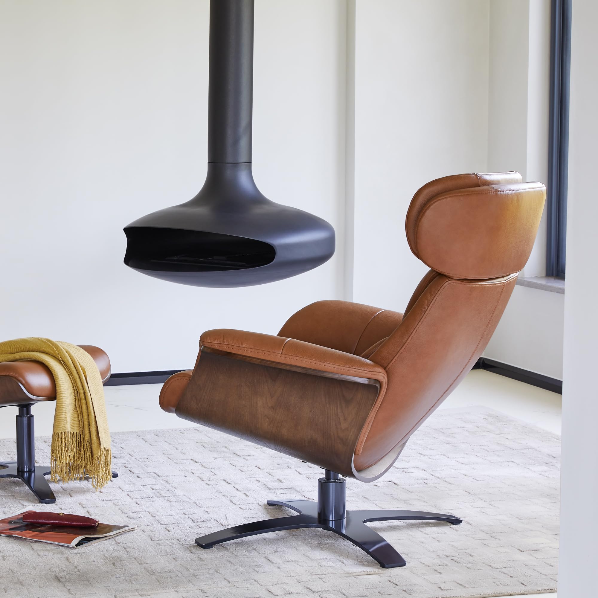 Genuine Leather Reclining Swivel Chair with Adjustable Headrest and Ottoman