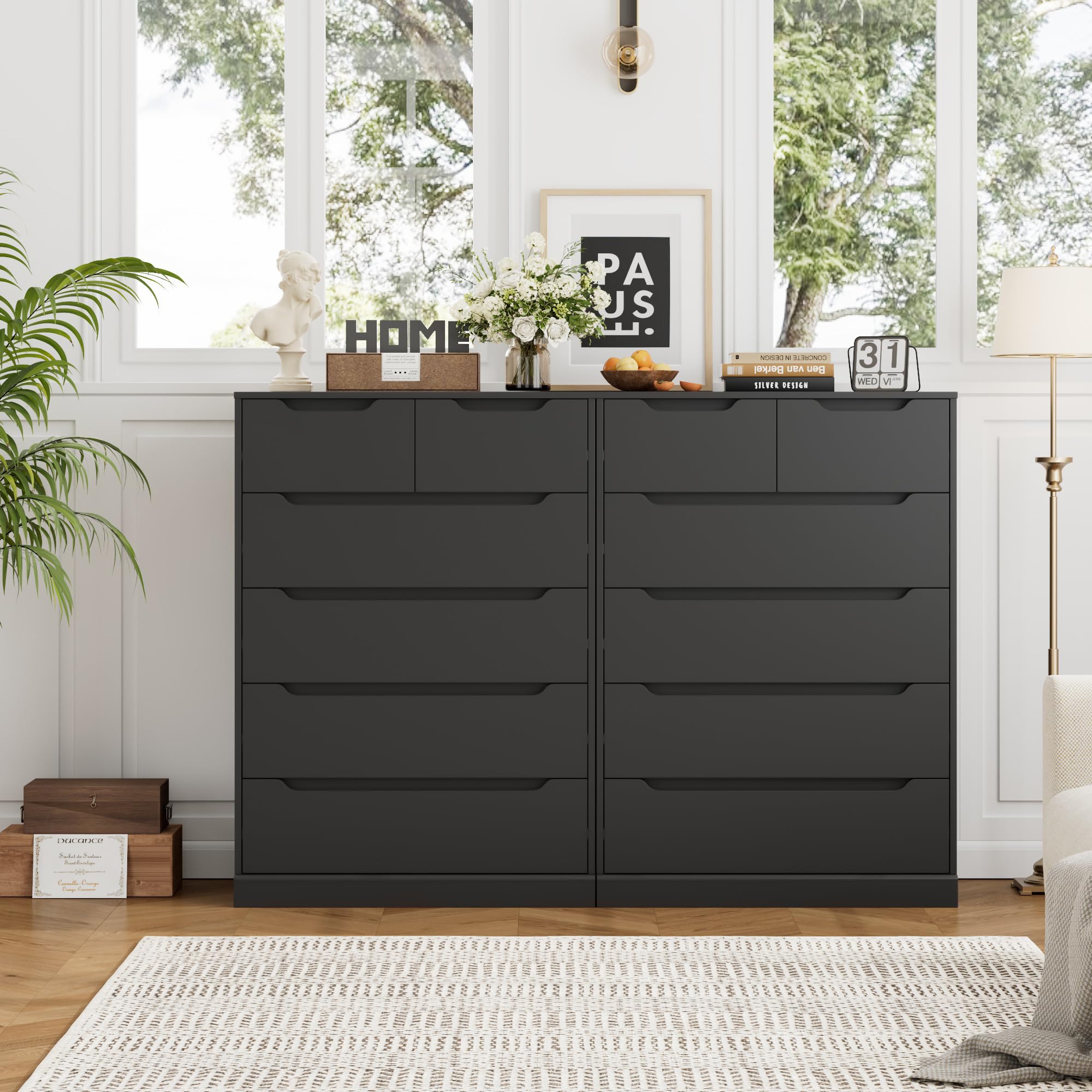 HOSTACK Modern Black 6 Drawer Dresser for Bedroom, Tall Chest of Drawers with Storage, Large Wood Storage Chest Organizer with Cut-Out Handle, Accent Storage Cabinet for Living Room, Entryway, Black