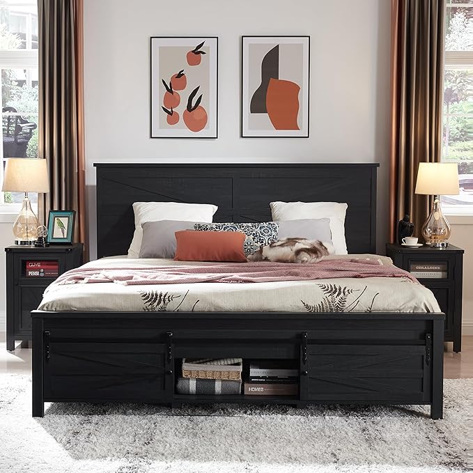 Farmhouse Wood Bed Frame Queen Size with Storage Cabinets