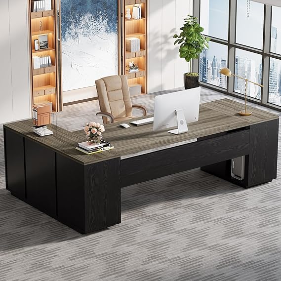 85.8-Inch L-Shaped Executive Desk with File Drawers and Cabinet