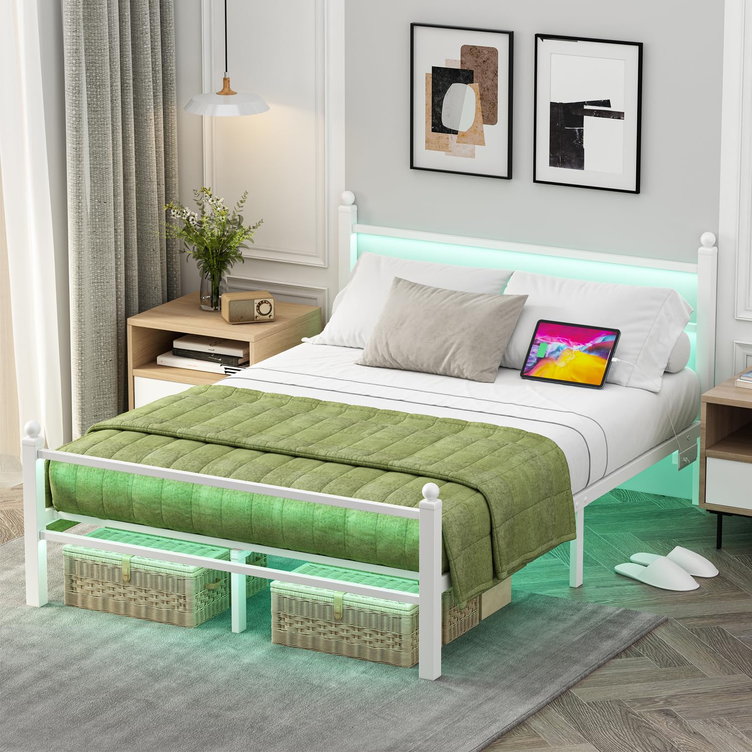 Full Size Metal Bed Frame with Charging Station & LED Lights