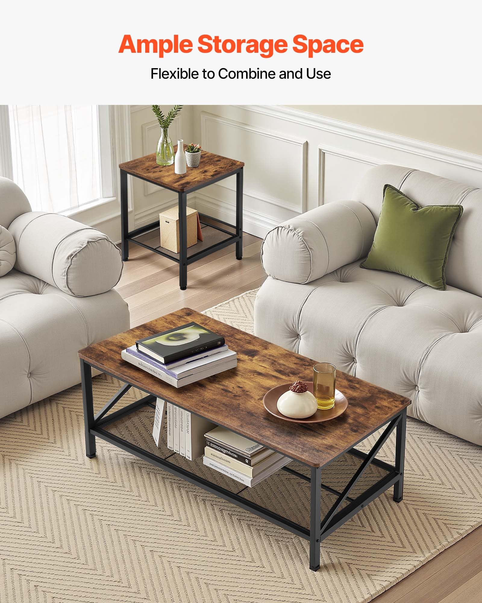 3-Piece Industrial Coffee Table Set with End Tables
