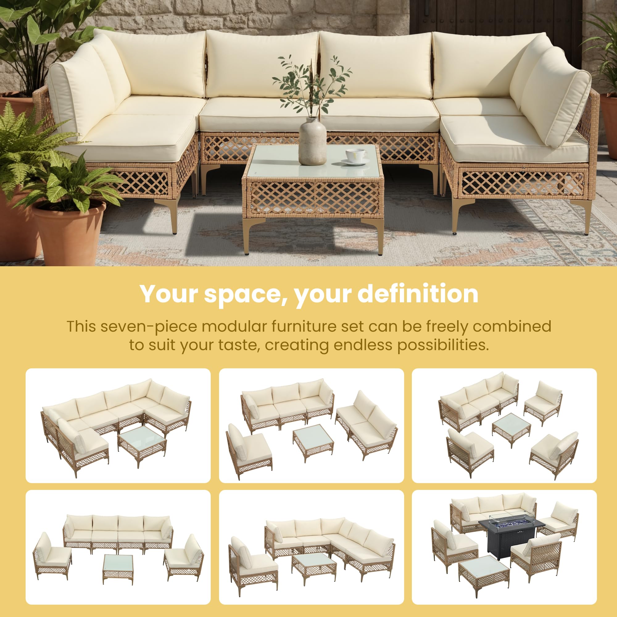 7 Piece Patio Wicker Sectional Conversation Set