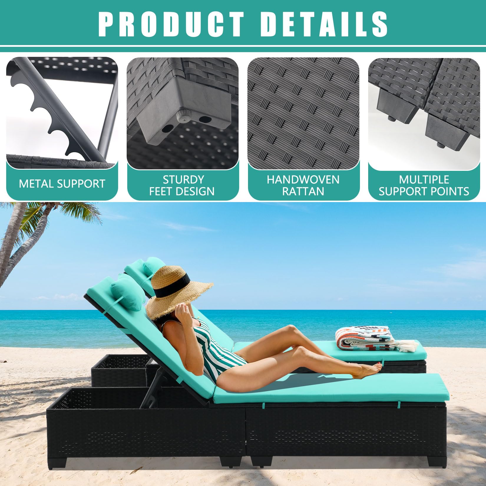 3 PCS Patio Chaise Lounge Set with Coffee Table