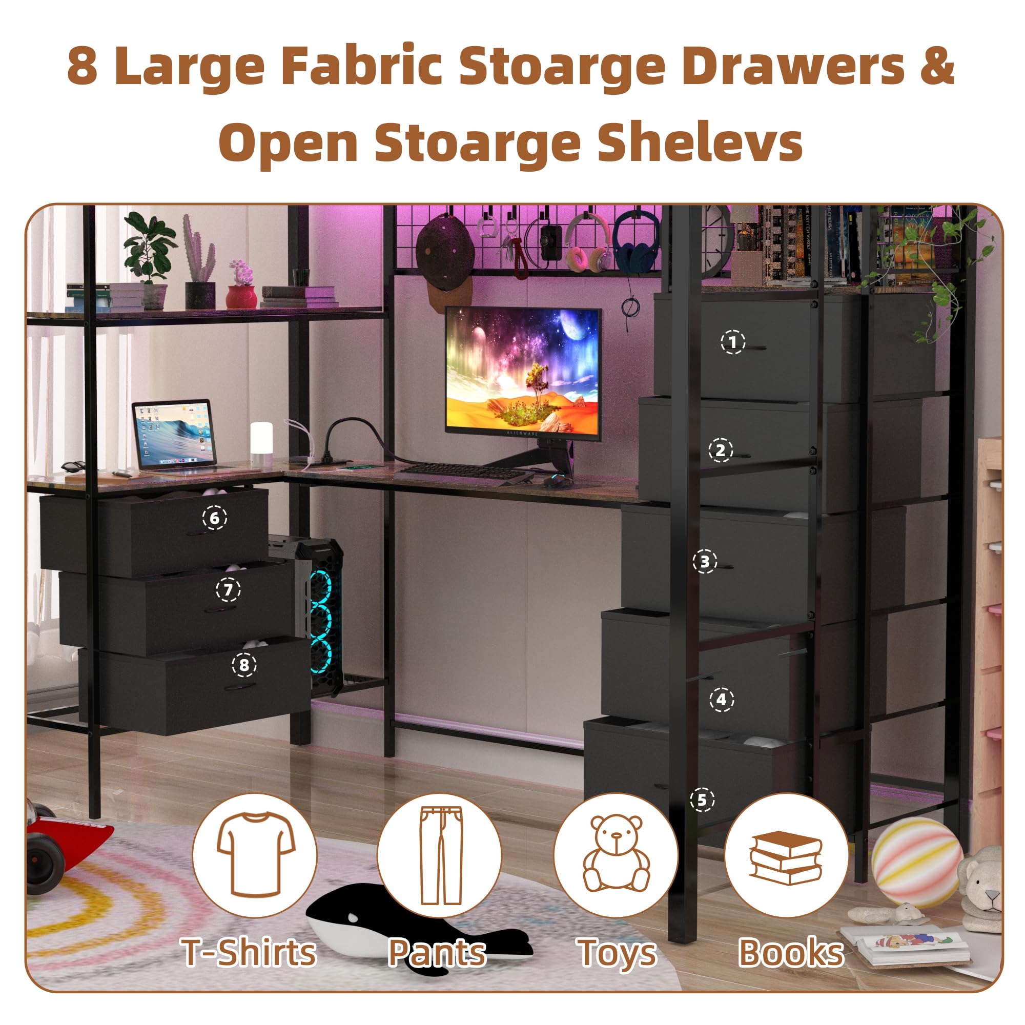 Twin Size Loft Bed with Desk and LED Lights