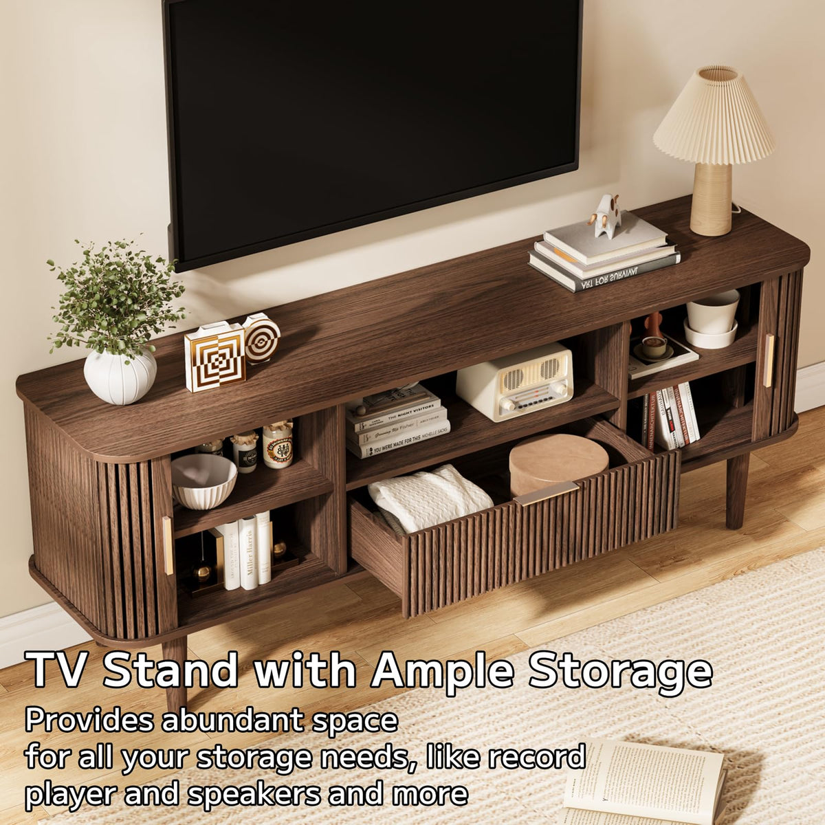 Fluted TV Stand 55 Inch Mid Century Modern Media Console