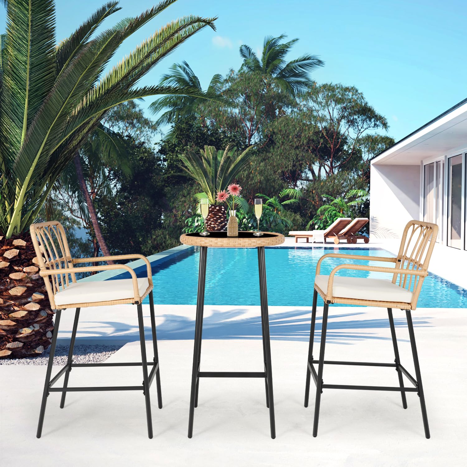 3-Piece Outdoor Bar Set with Rattan Chairs