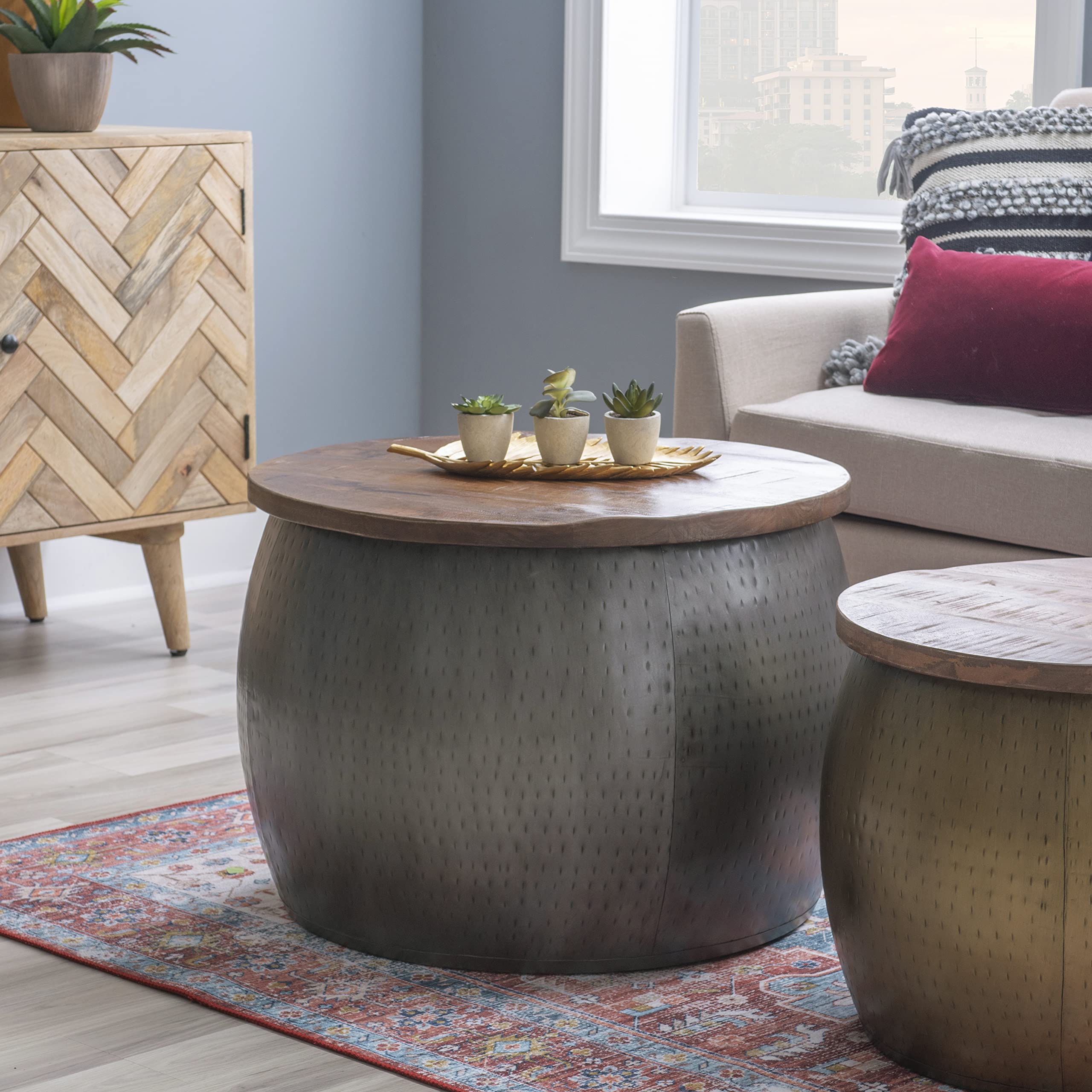 Hammered Silver Drum Table with Natural Wood Lift Top