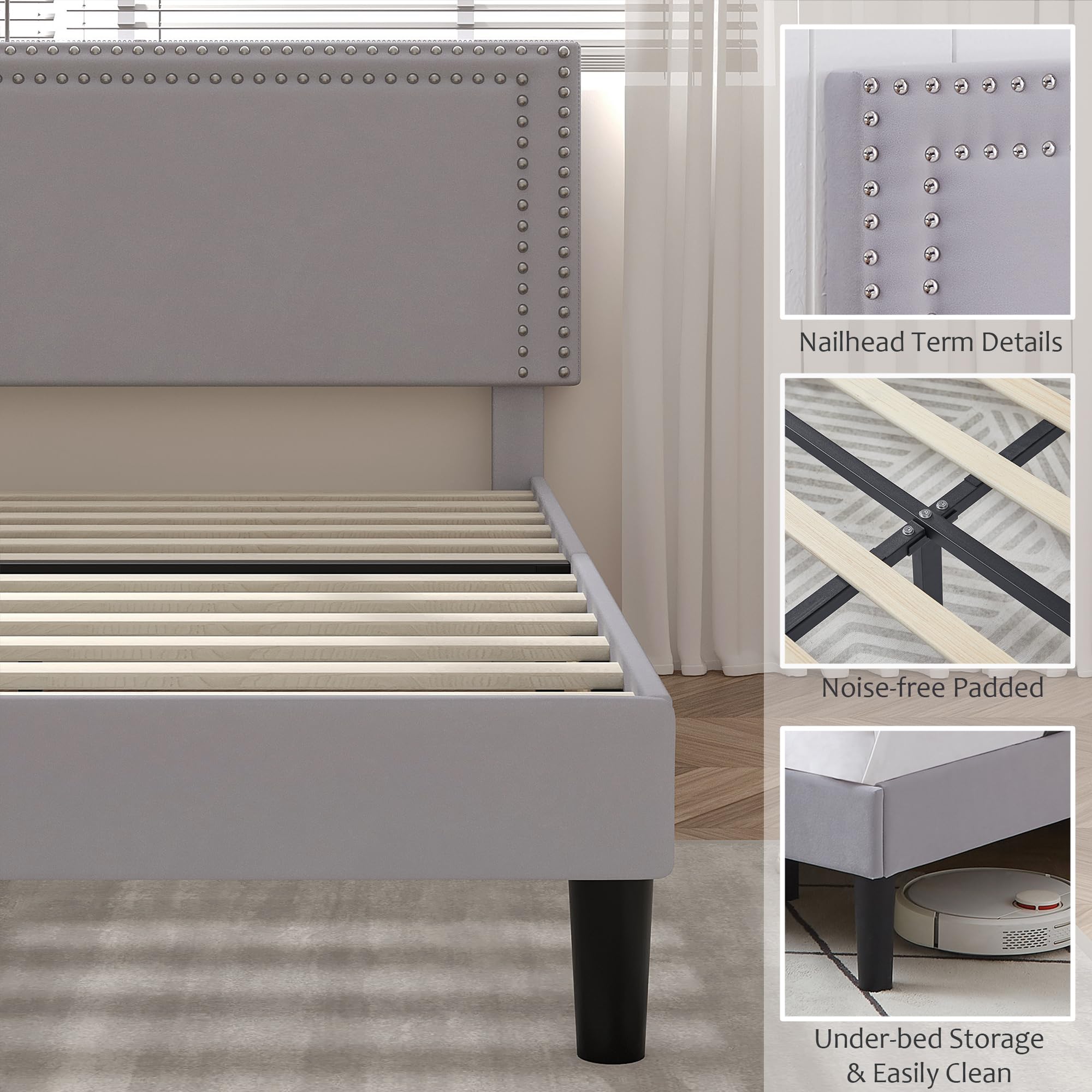 Queen Platform Bed Frame with Adjustable Upholstered Headboard