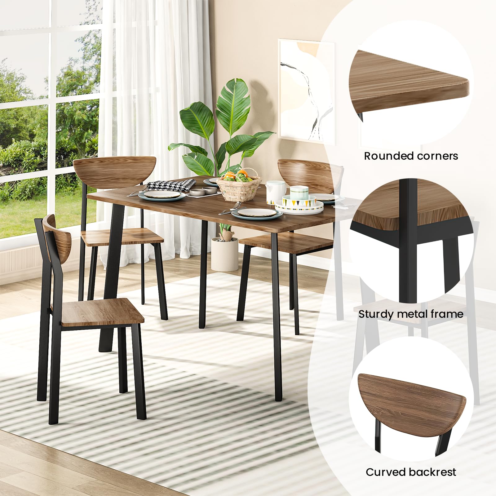 Dining Table Set for 4 with Curved Backrest Chairs