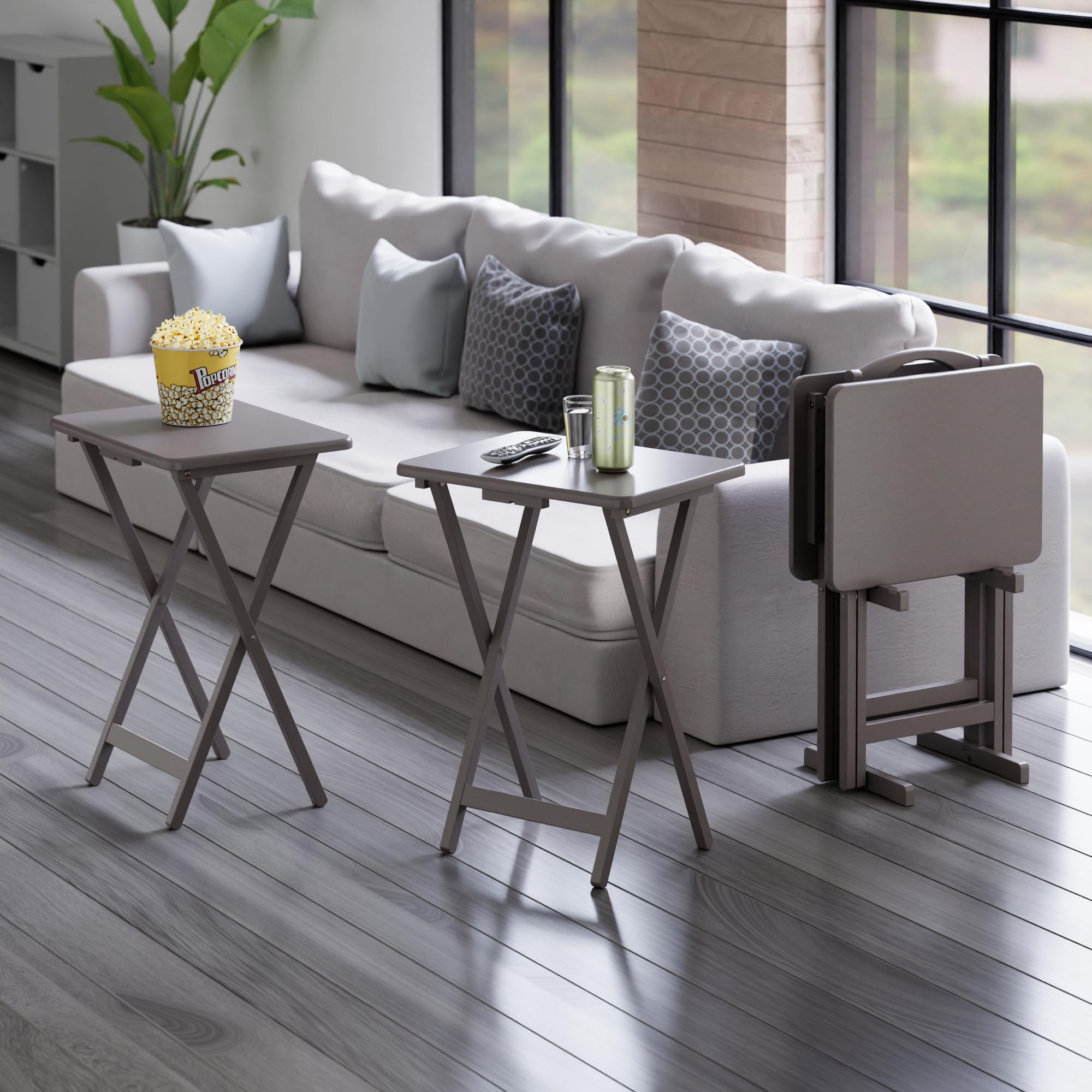 4 Snack Tables with Storage Stand Oyster Gray