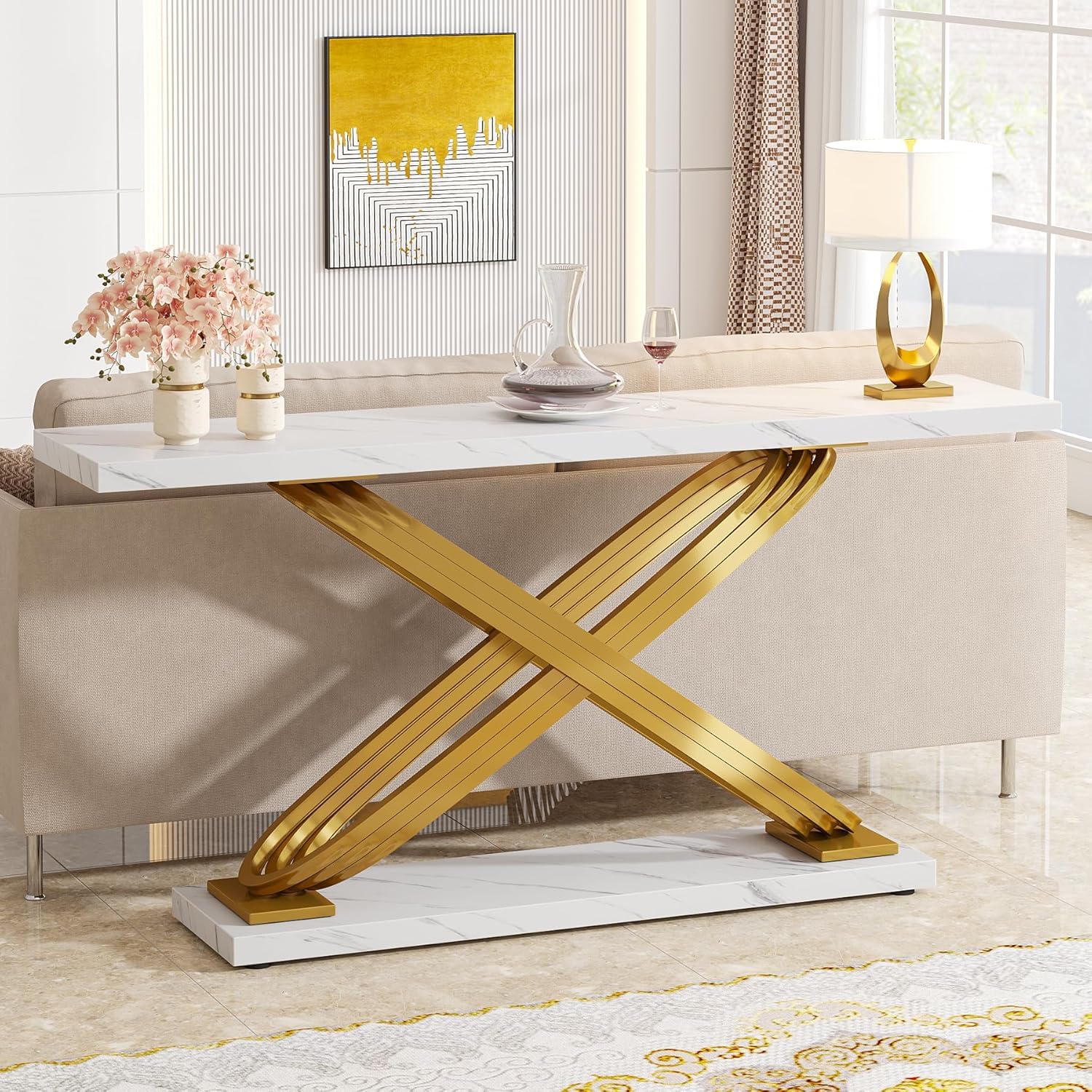 55 Inch Modern Console Table with Gold Metal Frame