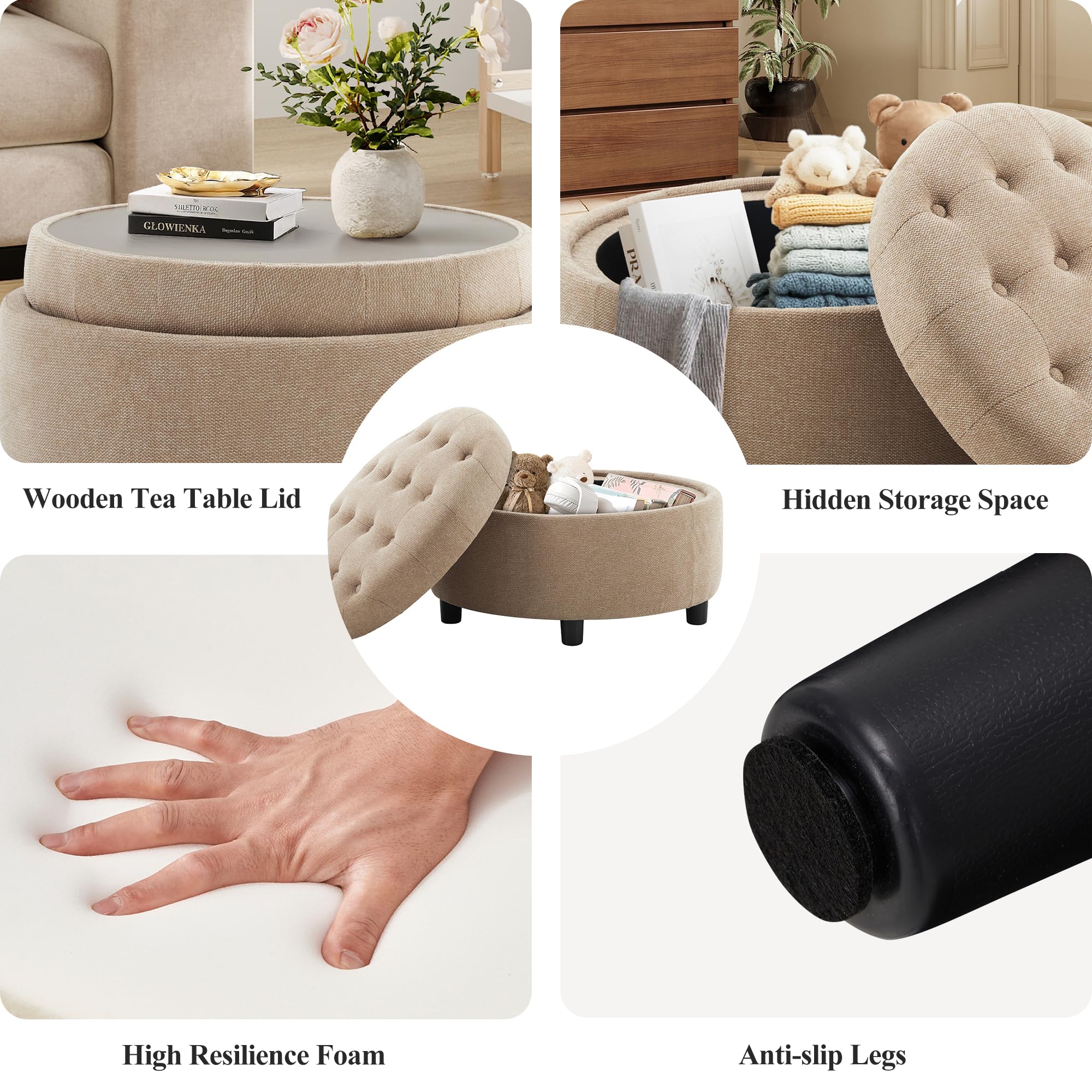 Round Storage Ottoman with Reversible Tray Lid