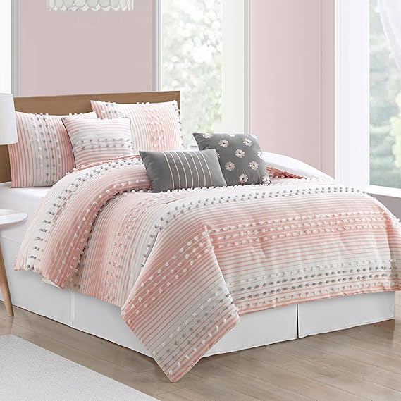 Queen Comforter Set Blue Jacquard Striped 7-Piece
