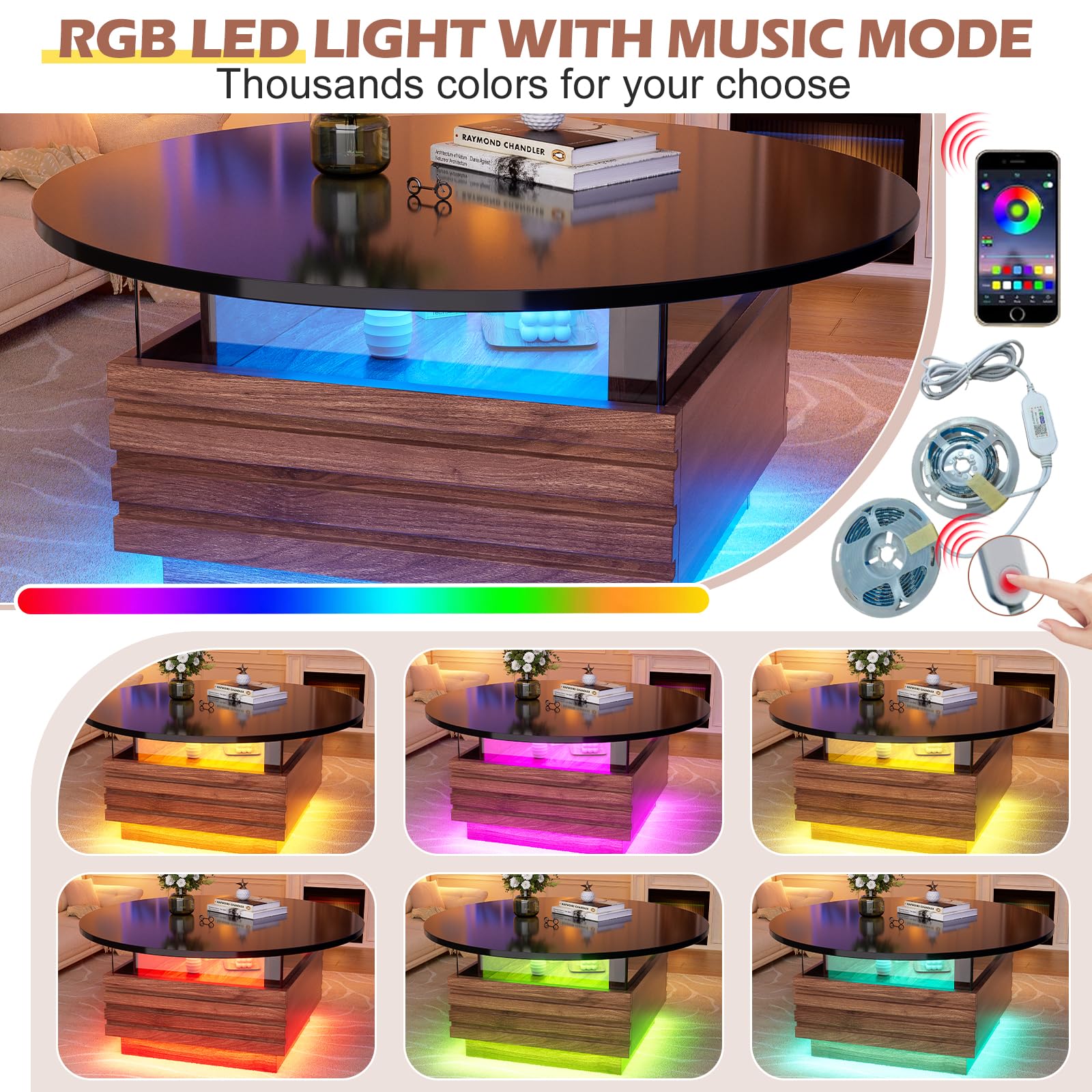 Round Coffee Table with LED Light and Drawers