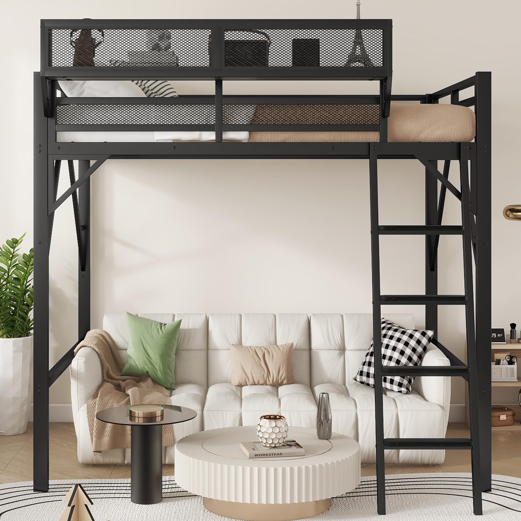 Full Size Metal Loft Bed Frame with Ladder and Storage Shelves