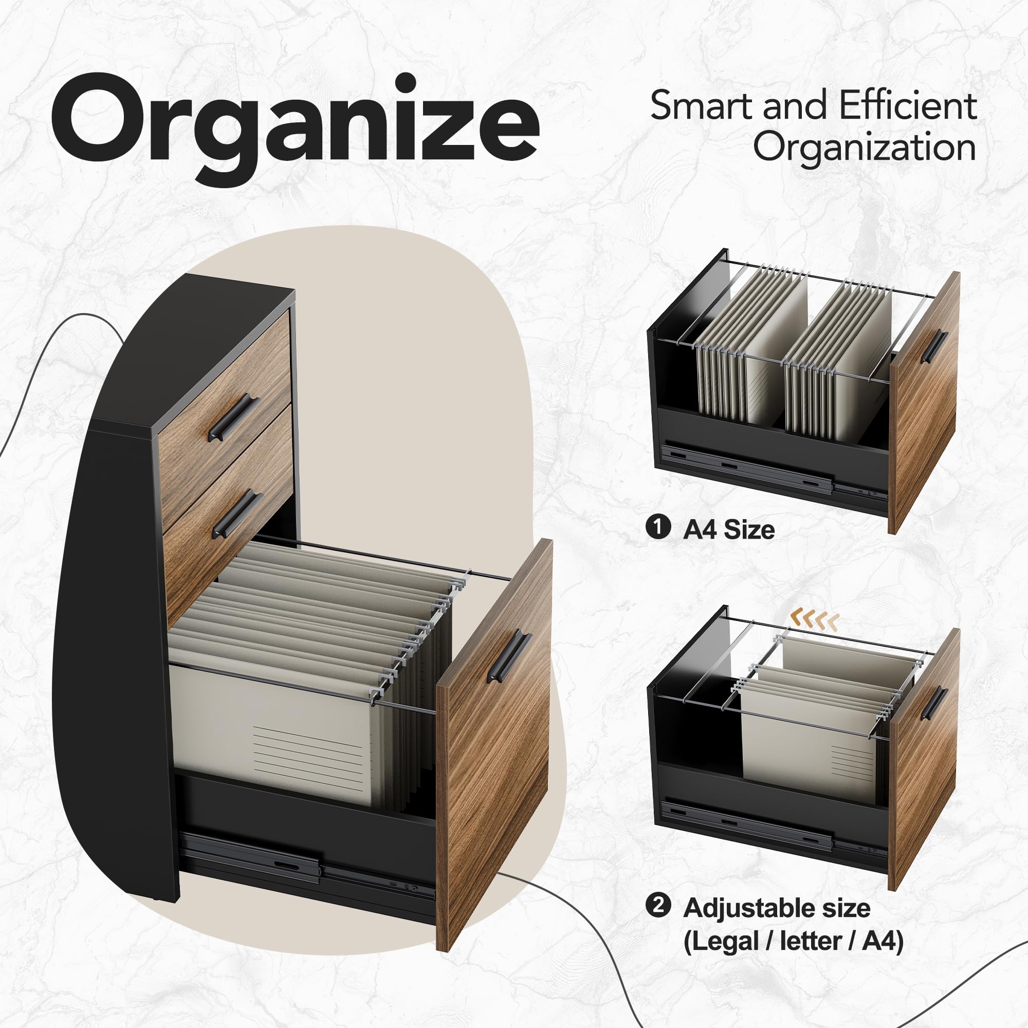 HUANUO 3 Drawer File Cabinet, Filing Cabinet for Home Office, Wood File Cabinet Fits for Letter/A4/Legal Size, Printer Stand, Black Walnut