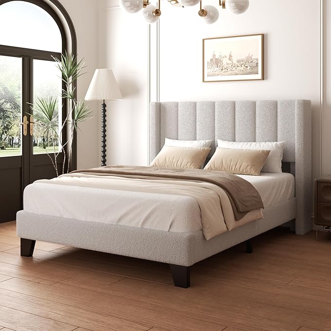 King Upholstered Platform Bed Frame with Teddy Velvet Headboard