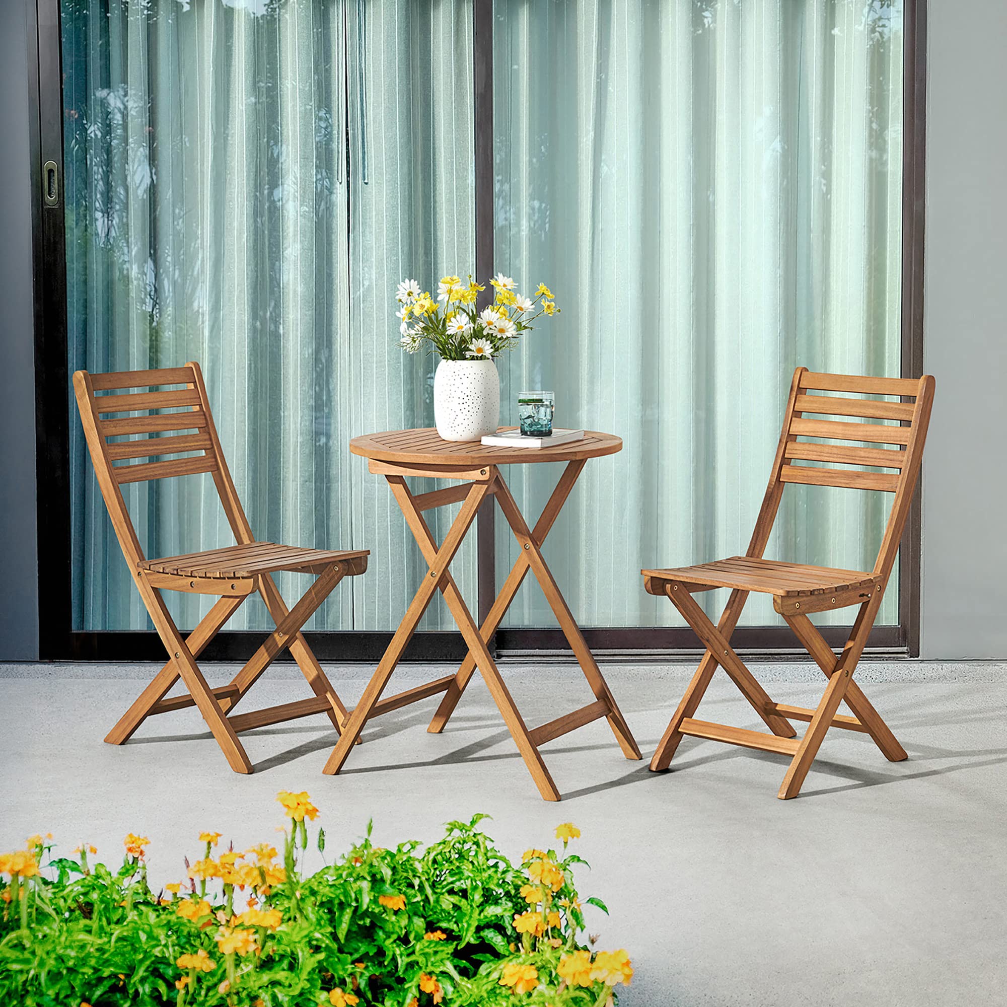 Folding Acacia Wood Bistro Set with Round Table and 2 Chairs