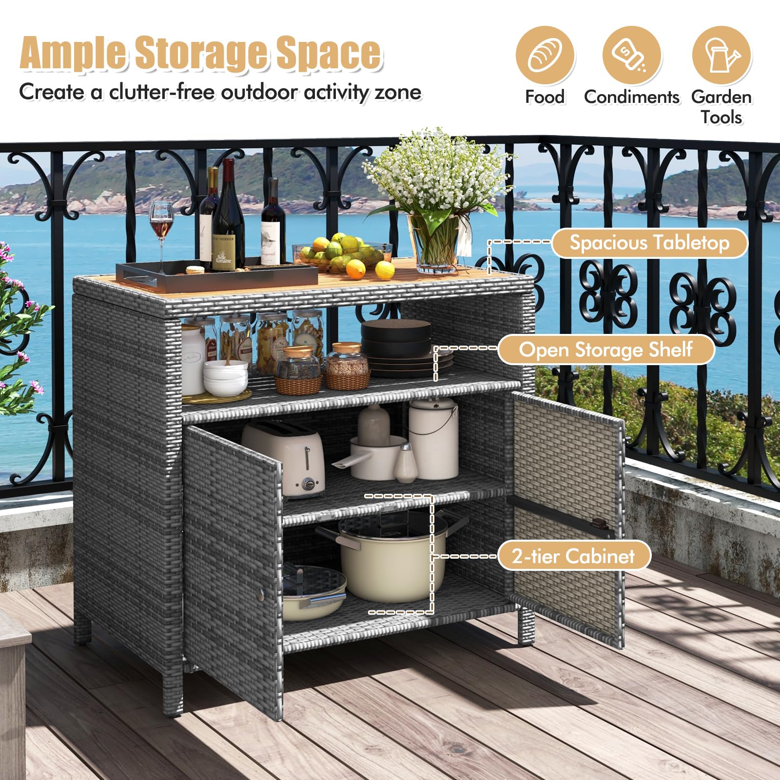 Wicker Outdoor Bar Cabinet with Acacia Wood Countertop