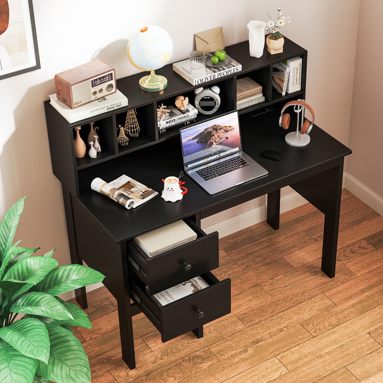 Black Desk with Drawers and Hutch
