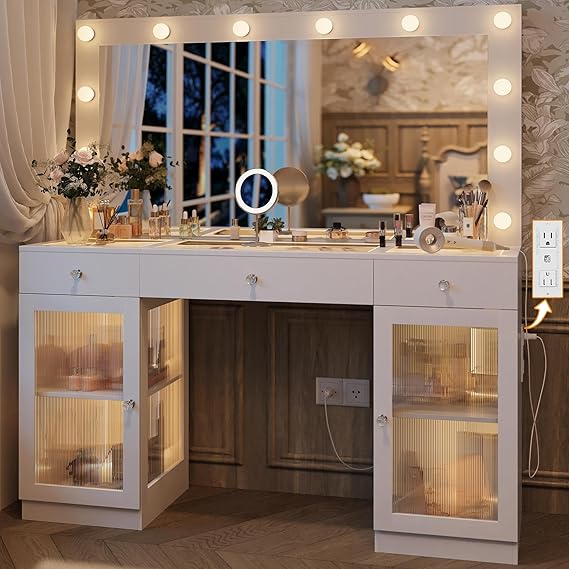 Vanity Desk with Large Mirror and Lights