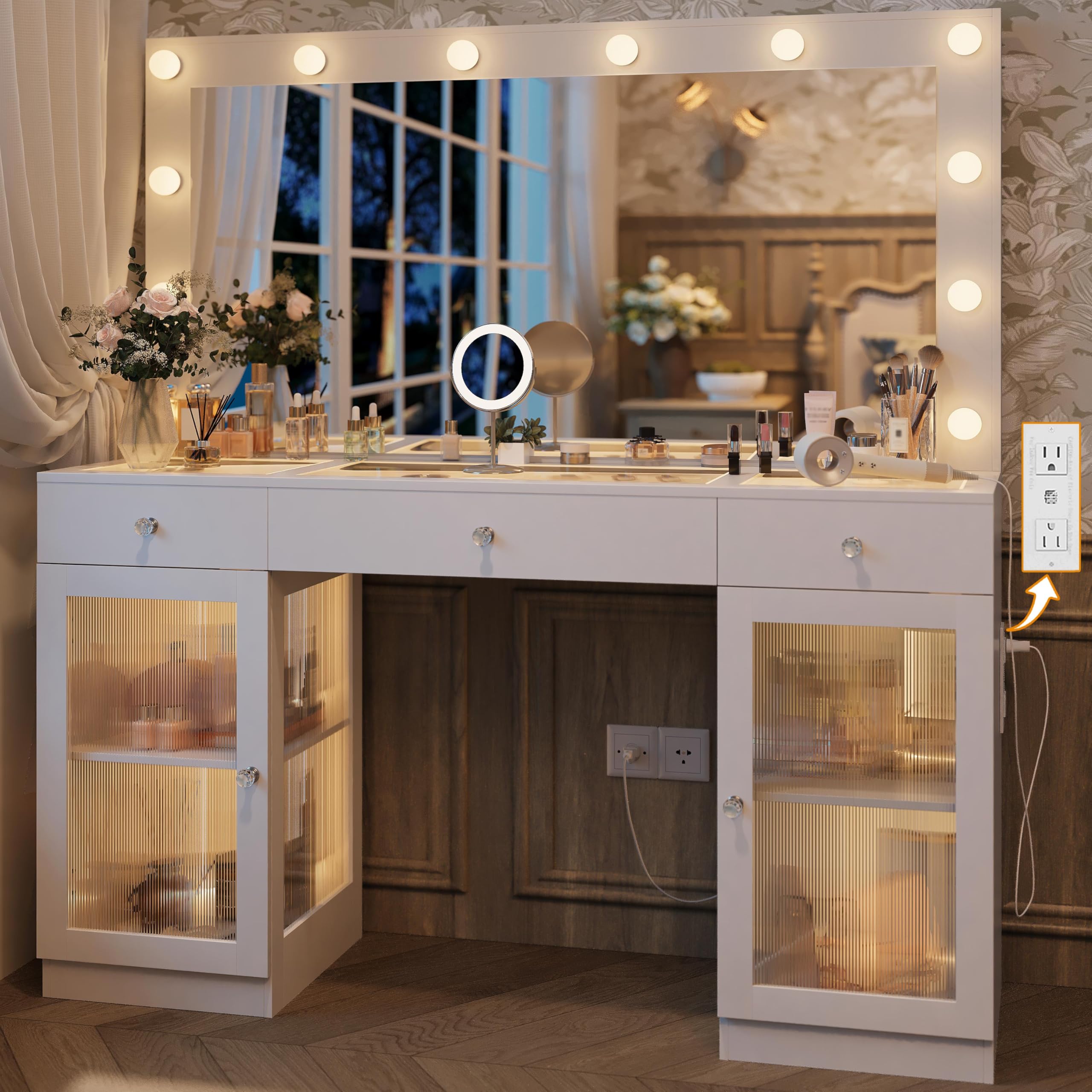 Vanity Desk with Large Mirror and Lights