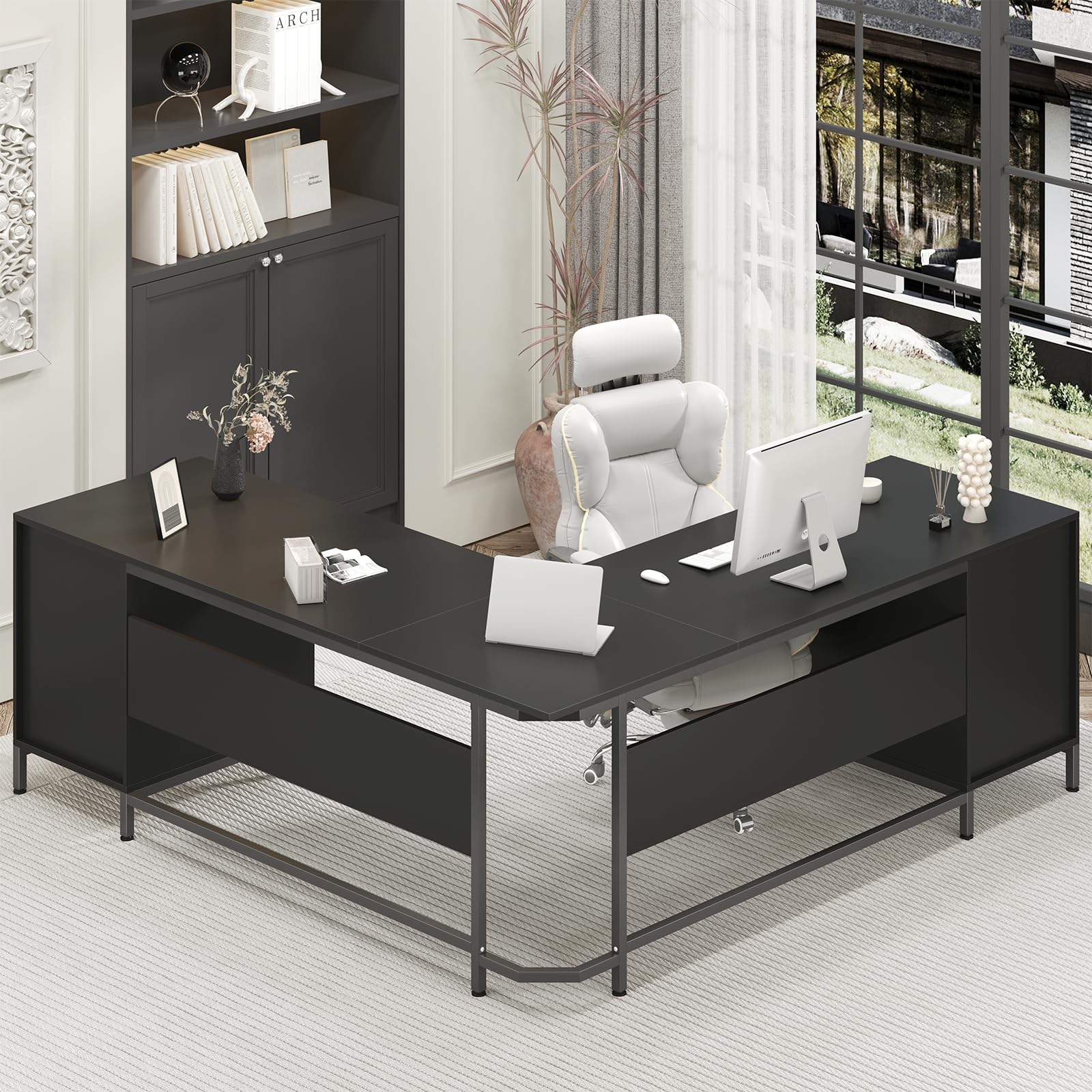 59" L-Shaped Desk with 6 Drawers and File Cabinet