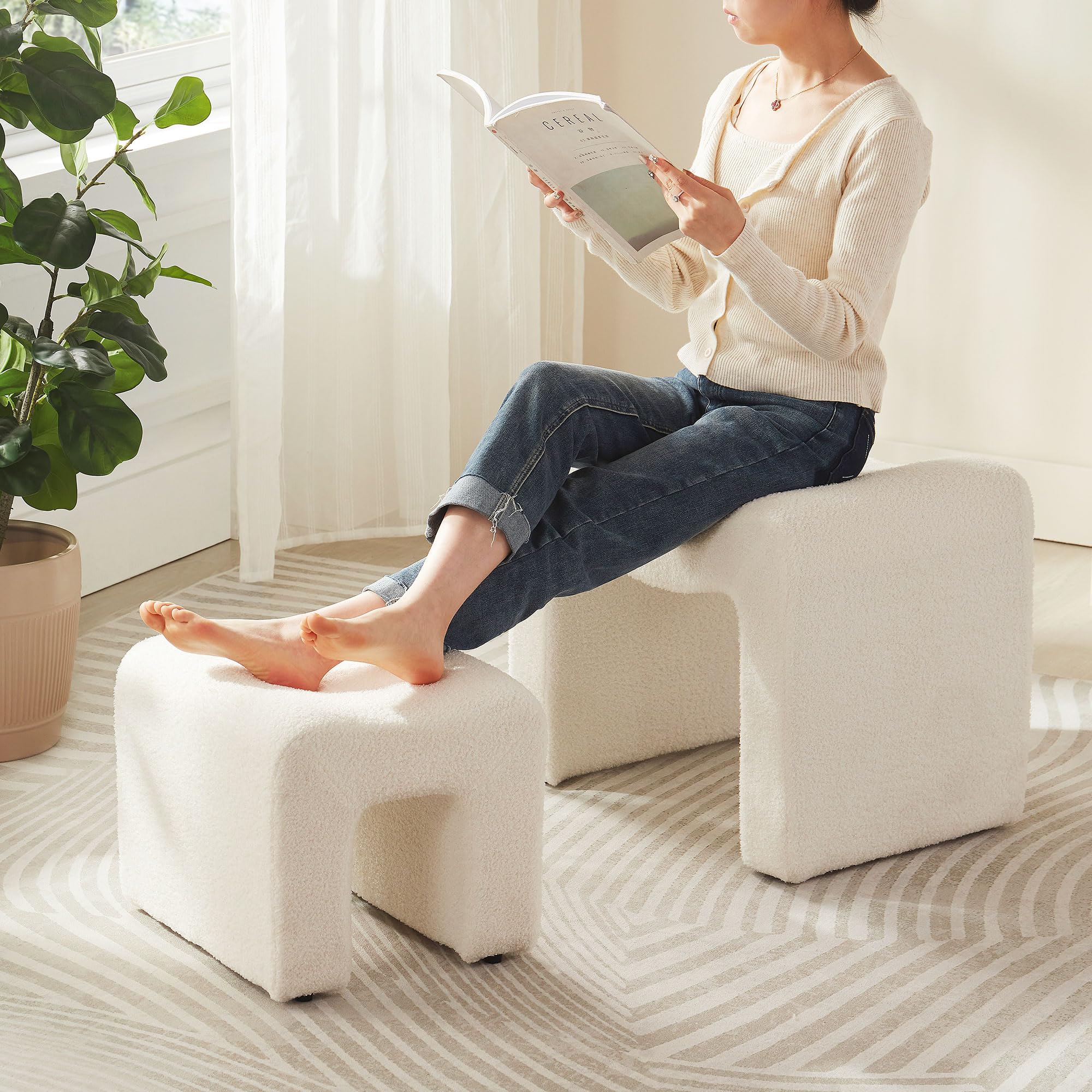 Small Footstool Ottoman Vanity Stool Set White Teddy Velvet 2-in-1