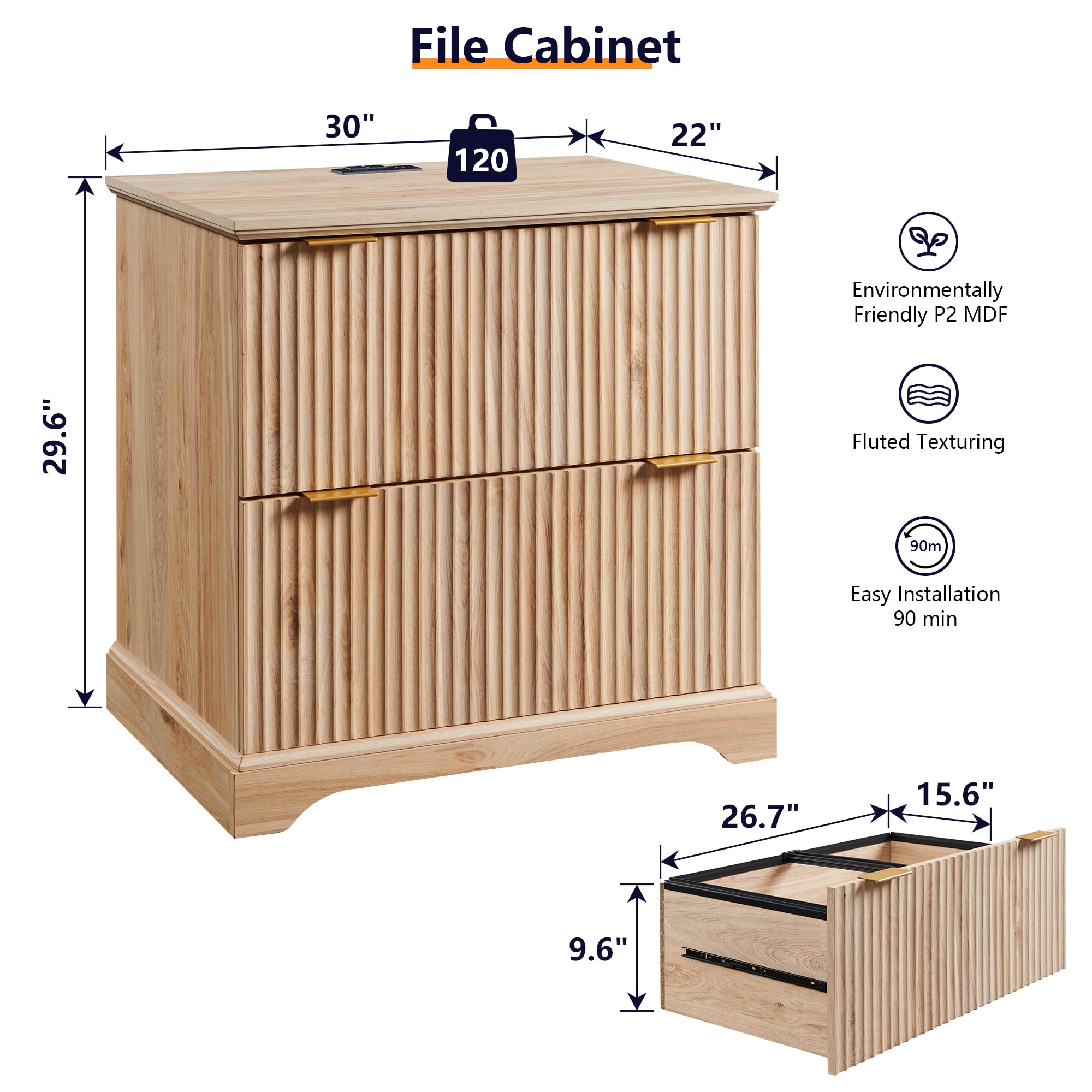 JXQTLINGMU 2 Drawer File Cabinet with Charging Station, 30" Fluted Lateral File Cabinet w/Files Hanging Rod for Letter/Legal/A4, Large Tabletop for Printer, Office Wood Printer Cabinets, Oak
