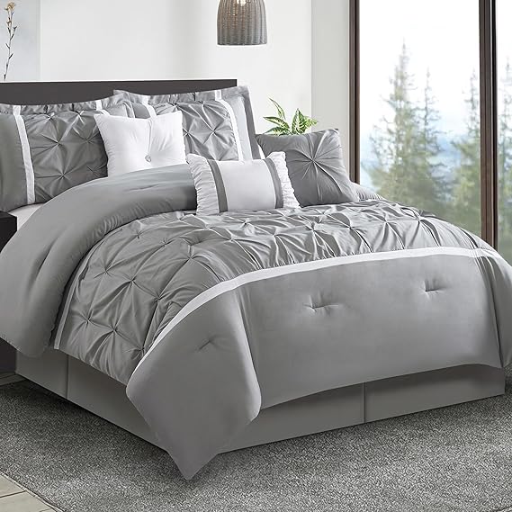 Queen Comforter Set 7 Piece White Grey