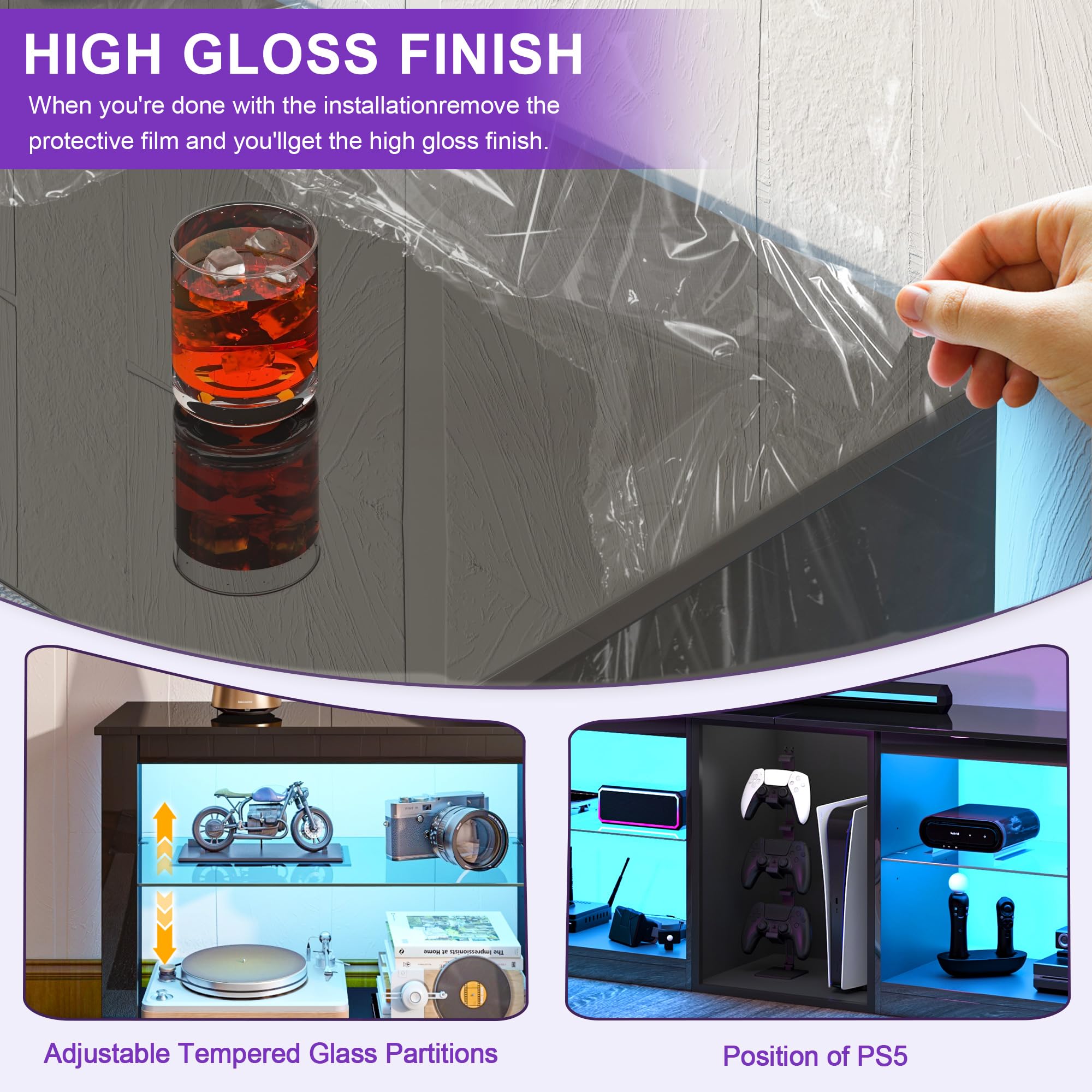 63 Inch LED TV Stand with Glass Shelves