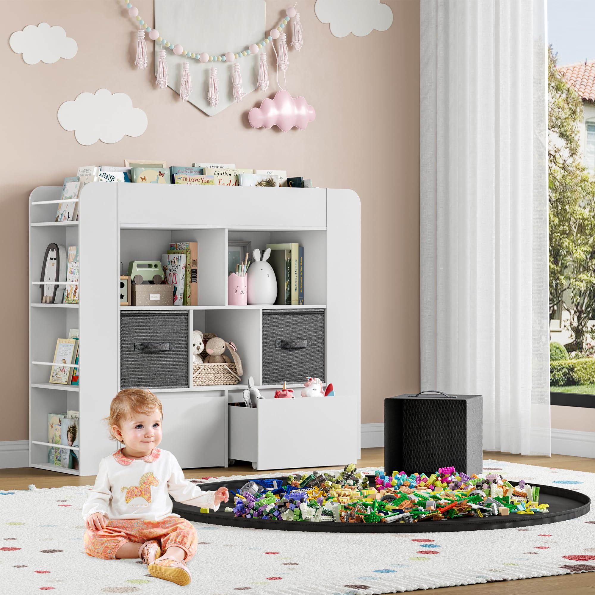 Kids Bookshelf with Toy Storage and Play Mat