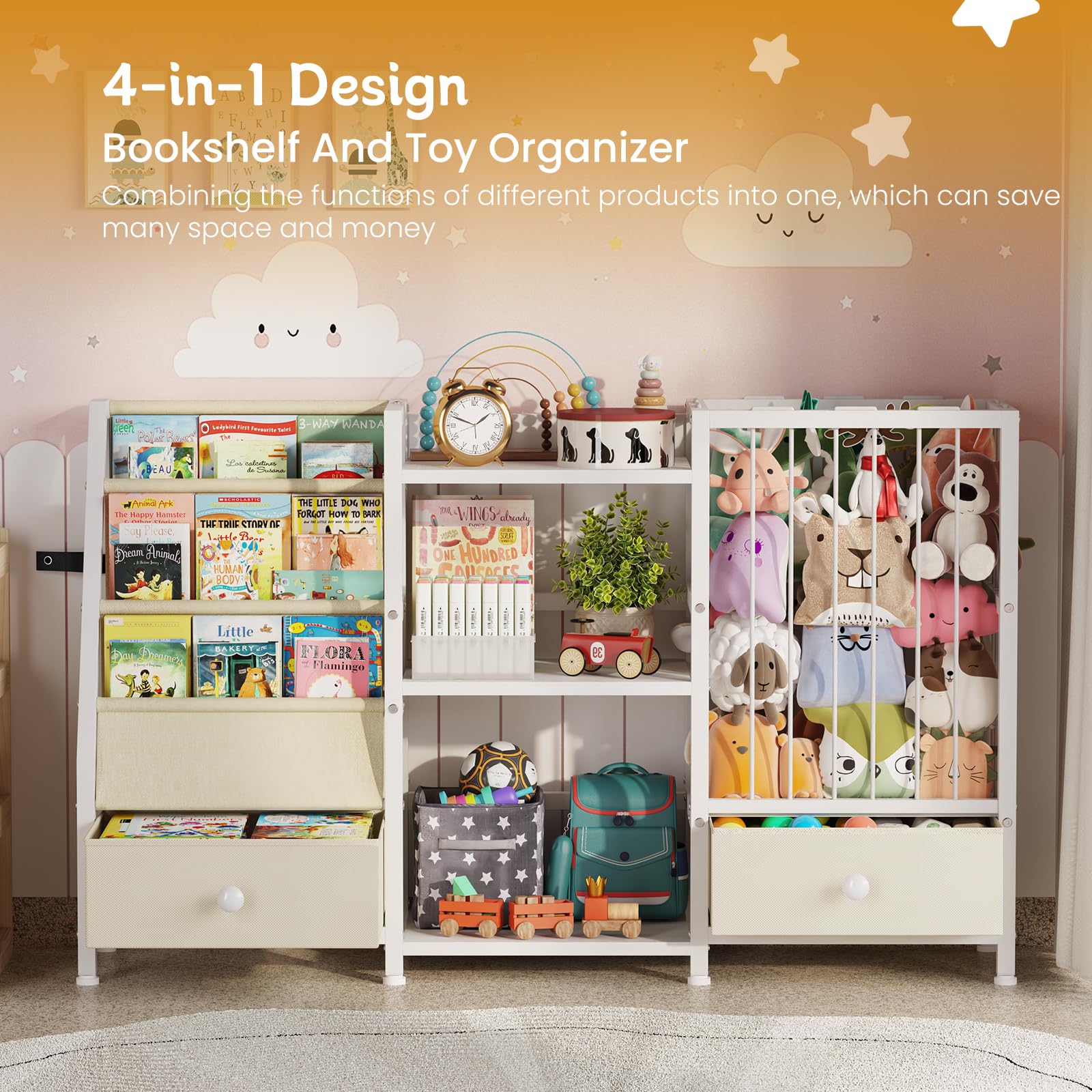 Montessori Kids Bookshelf with Toy Storage