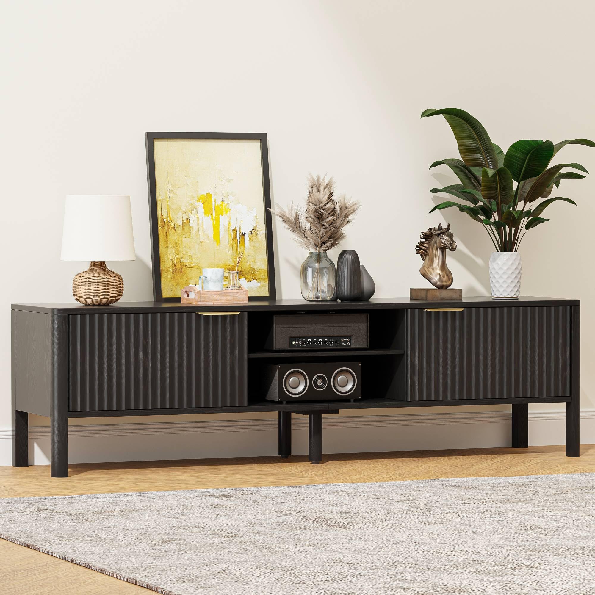Mid Century Modern TV Stand with Fluted Door Storage